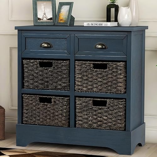 Amposei Armario de almacenamiento de entrada de madera rústica de 28 pulgadas, mesa consola pequeña con cajones y cestas organizadoras tejidas de