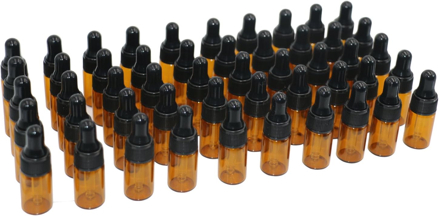 3ml Amber Glass Dropper Bottles 50 Pcs Empty Essential Oil Sample Bottles Mini Refillable Perfume Cosmetic Lotion Liquid Glass Dropper Vials Containers,2 pcs dropper included