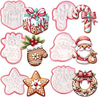 6 Pcs Christmas Cookie Cutters With Plunger Stamps Christmas Cookie Stamps Snowflake Santa Crutches Gloves Gift Boxes Wrea...