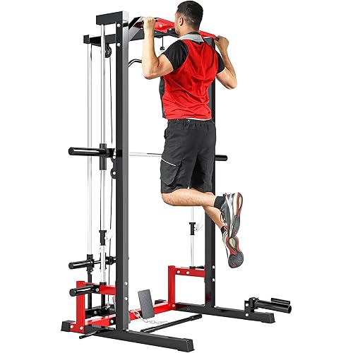 Soozier Power Cage Smith Machine, Multi-Function Power Rack with Pull Up Bar, LAT Pull Down System, Squat Rack, Barbell Bar, Landmine Attachment, Plate Storage Posts for Home Gym