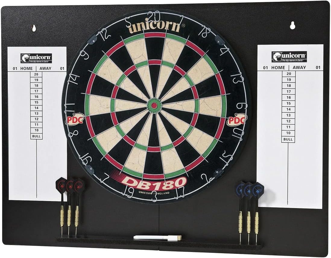 Unicorn Home Darts Centre | DB180 Dartboard & Black Fold-Out Wall Mount | Sisal Bristle Board with Staple-Free Construction | Wipe-Clean Scoring Board | includes 2 Sets of Darts