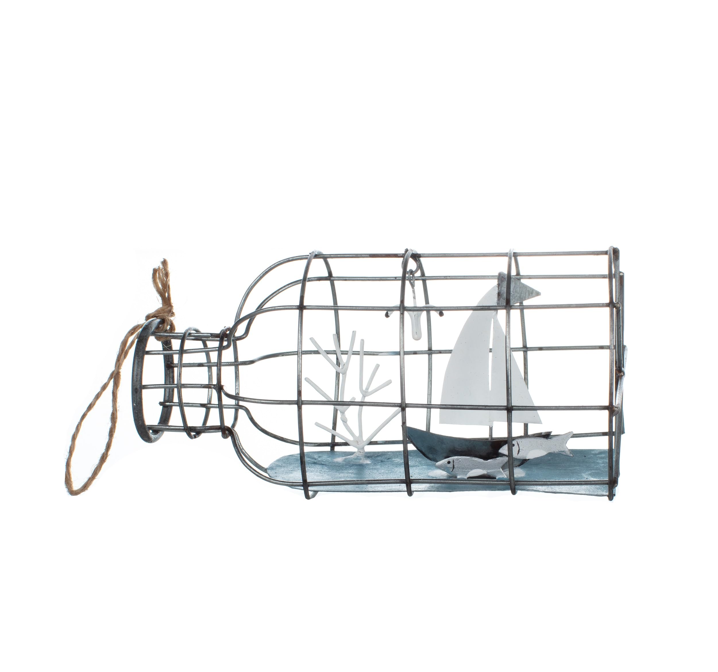 Shoeless Joe Boat in a Wire Bottle – Handcrafted Metal Nautical Ornament, Small Collectable Shelf Decoration, 12.6cm x 6.5cm x 6cm