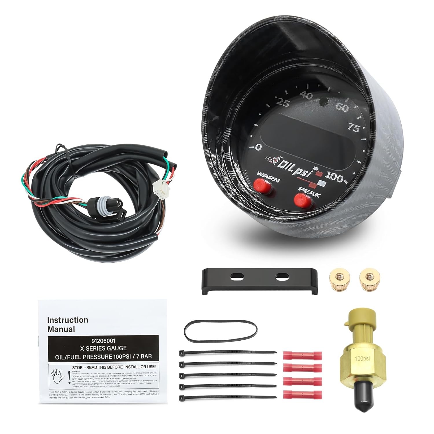 30-0301 X-Series Oil Fuel Pressure Gauge Match Air Fuel Ratio AFR Gauge Wideband Kit, Wideband UEGO AFR Controller, 52mm 2-1/16in Boost Gauge Sensor Kits 0-100PSI 7BAR w/Warn Peak Threshold Function