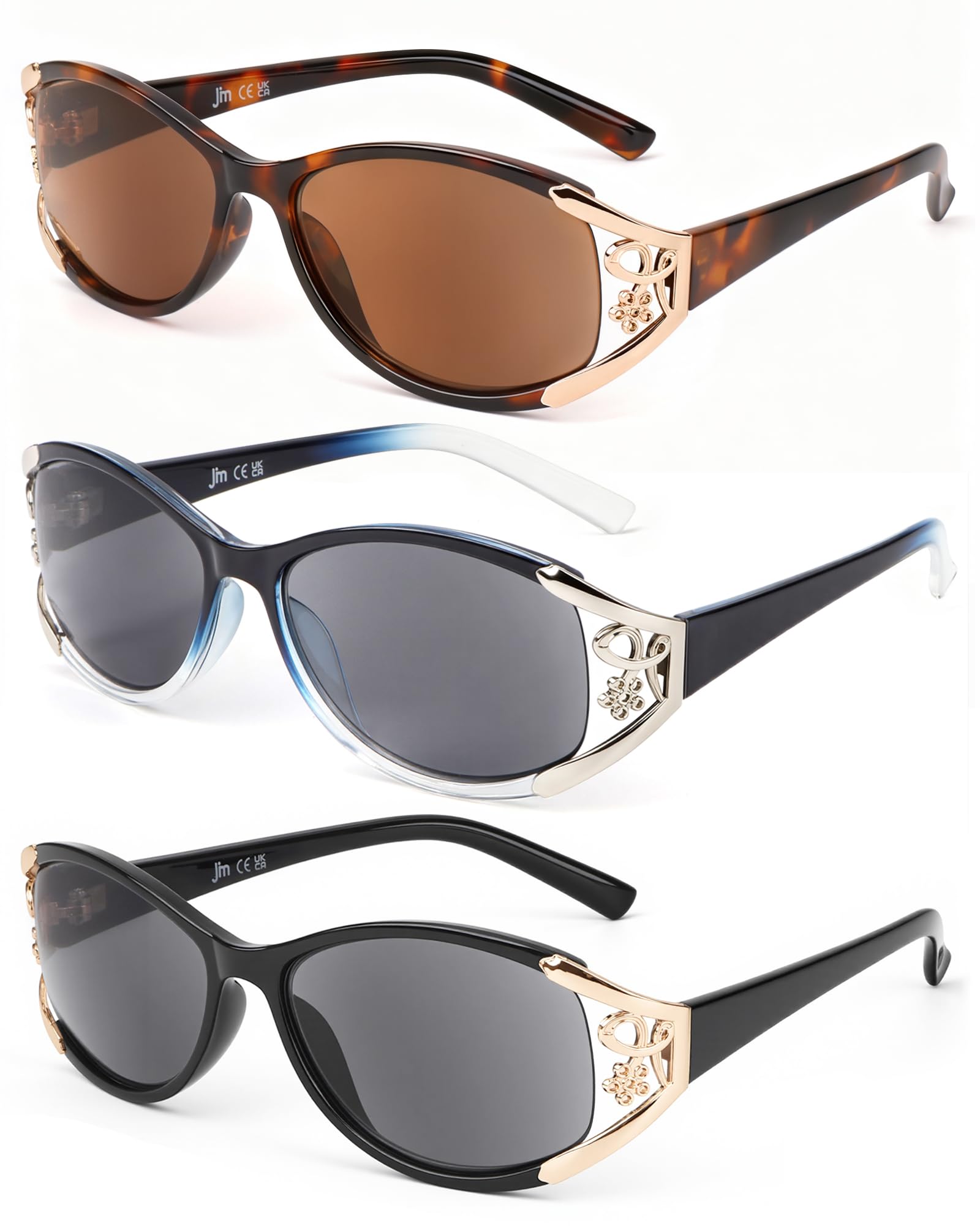 JM Fully Magnified Reading Sunglasses Women, Vintage Oval Reader Sunglasses 3 Pack +1.0