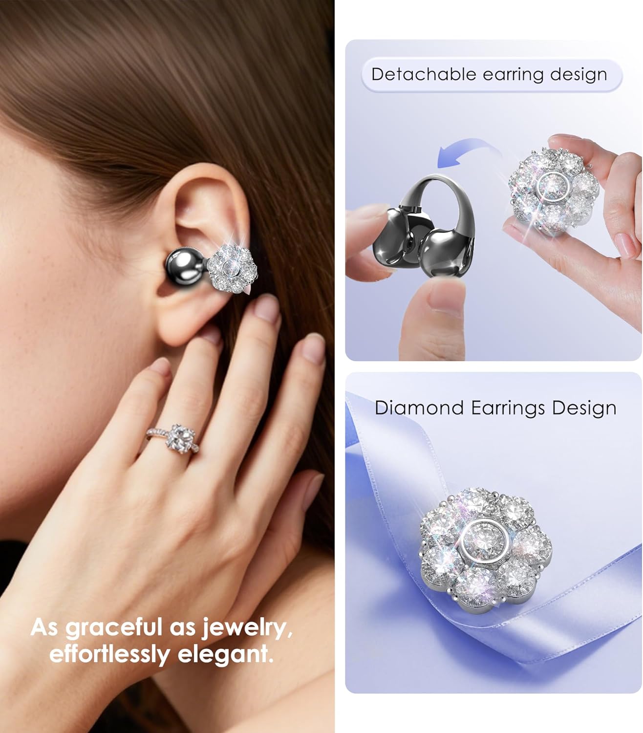 King Lucky Clip-on Earbuds Jewelry Wireless Bluetooth 5.4 Comfortable Open Ear Headphones with Detachable Flower Earrings