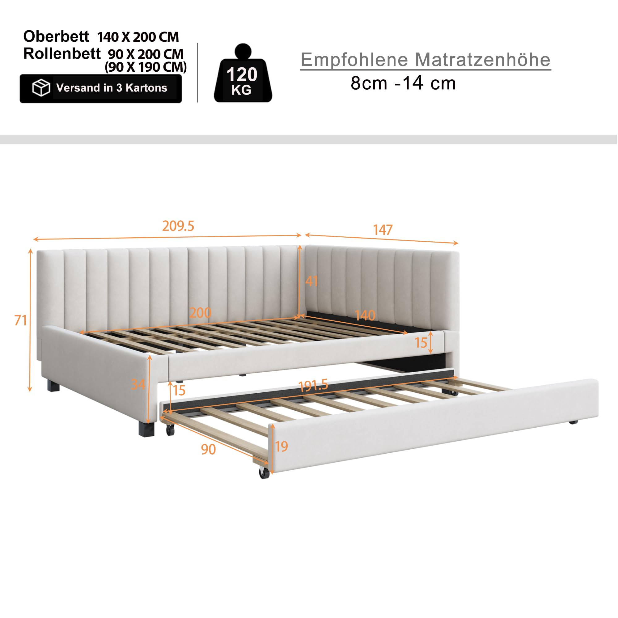 Letto imbottito 140x200 cm divano letti con letto estraibile matrimoniale per adulti bed multifunzionale con rete a doghe per gli ospiti letti a terra beige