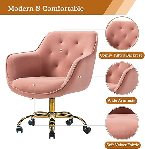 Miniatura 6 de HULALA HOME Silla de oficina de terciopelo con base dorada, moderna y bonita silla de escritorio con respaldo medio, silla giratoria ajustable para
