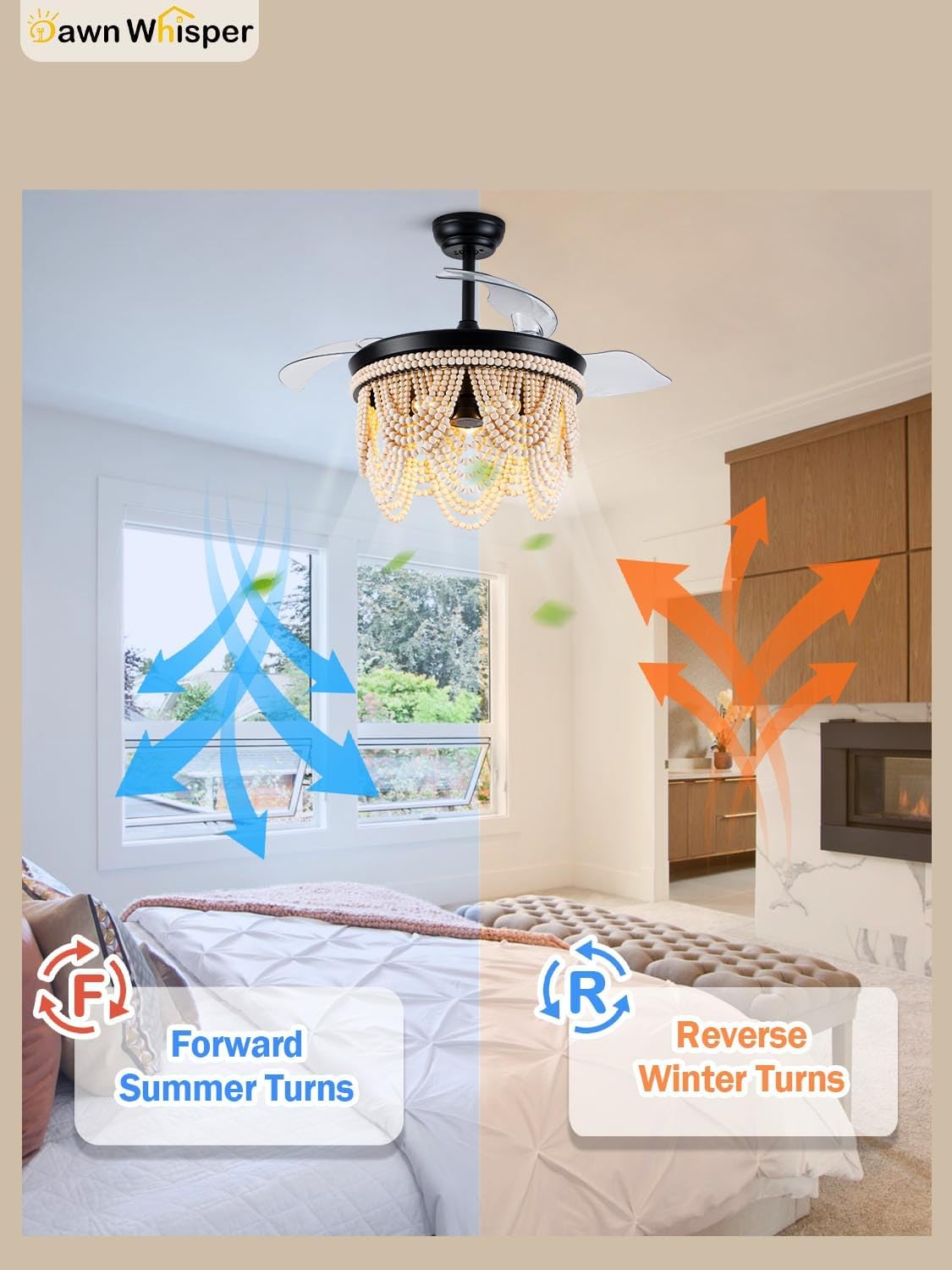 Dawn Whisper 42 Inch Boho Ceiling Fans with Lights Wood Beaded Retractable Ceiling Fans Modern Farmhouse Black Chandelier Fan for Bedroom Living Room Reversible DC Motor 6 Speeds 3* E26 Base