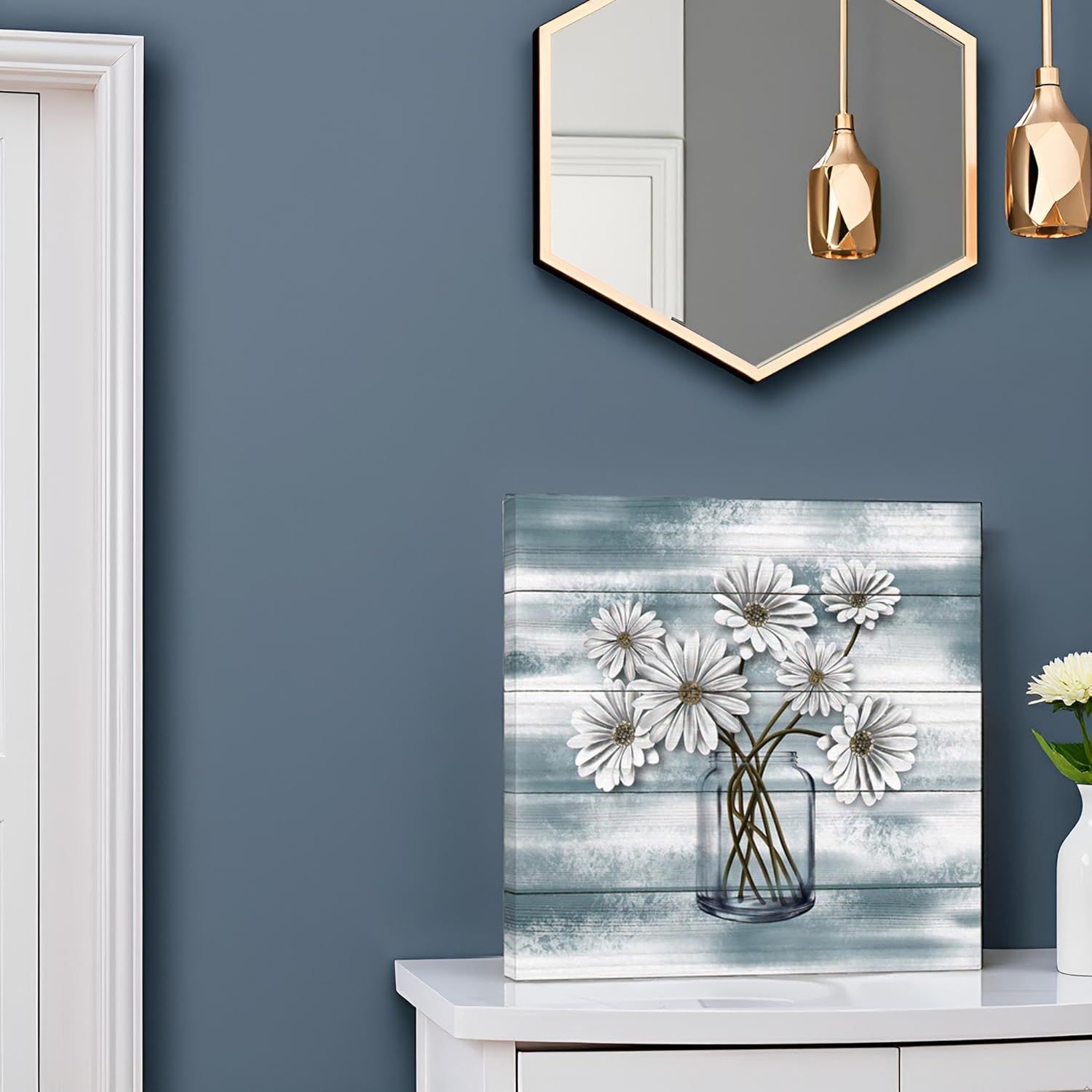 Nachic Wall Flower Wall Art Floral Canvas Artwork Daisy Paintings Teal Bathroom Wall Decor Vintage Farmhouse Turquoise Pictures Kitchens 24x24 Inch