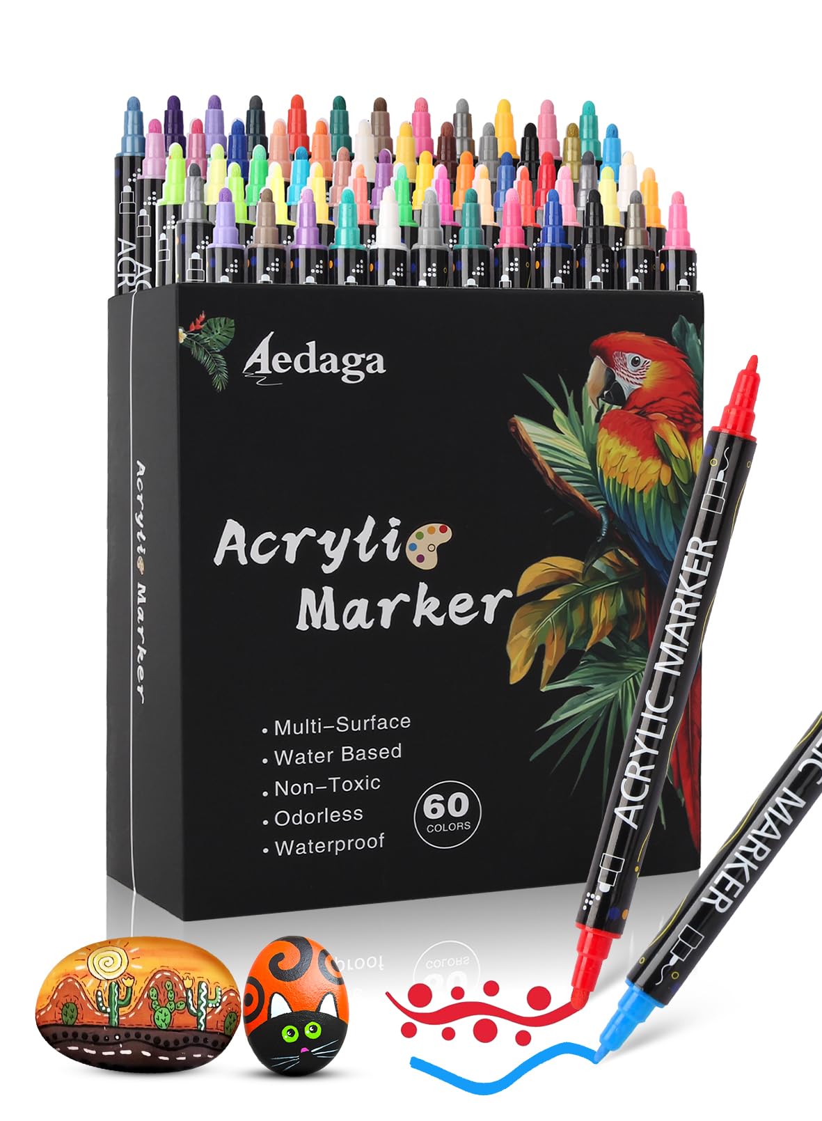 60 Colours Acrylic Paint Pens, Acrylic Markers Dual Tip (Fine & Dot Tip)