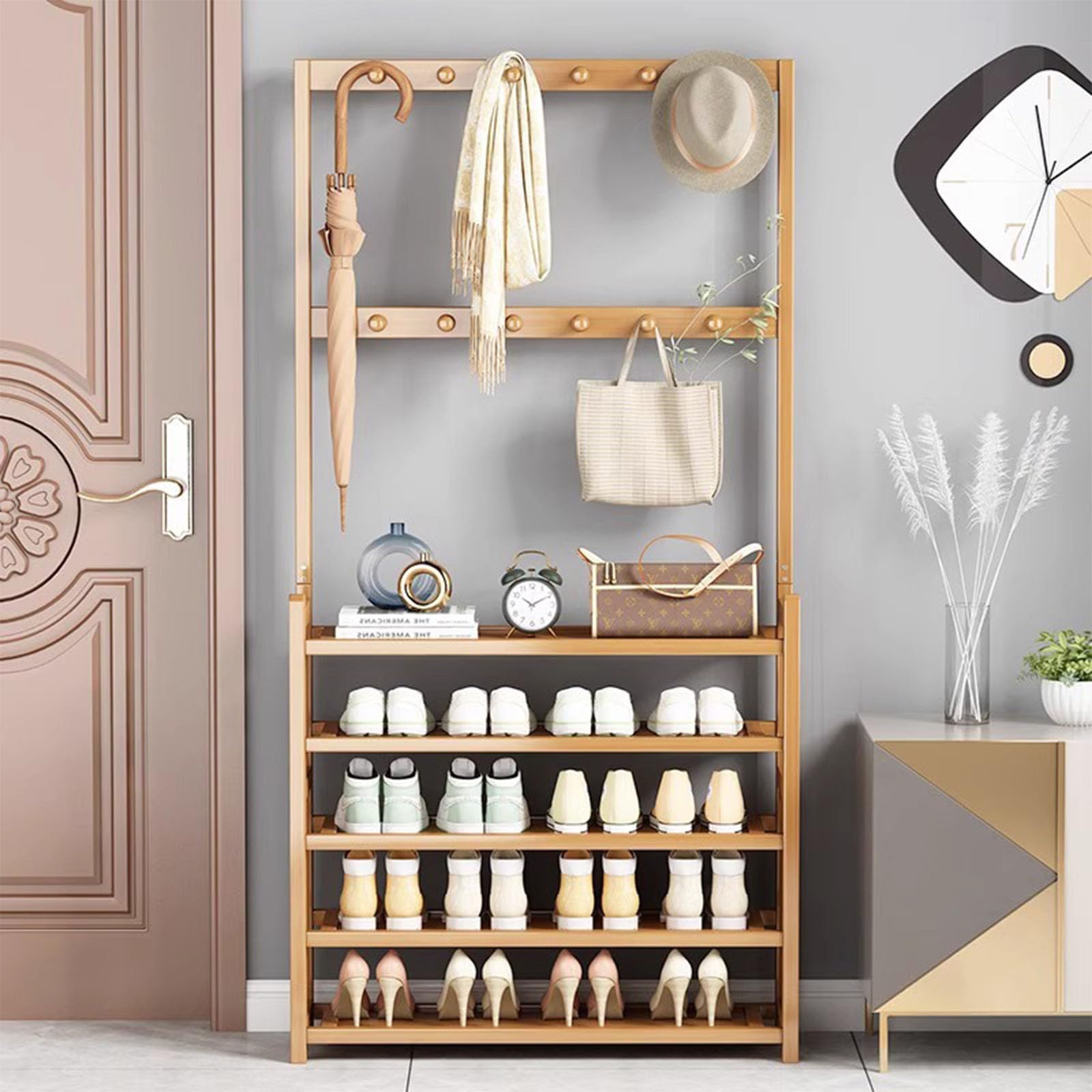MYUYEE Coat Rack, Freestanding Coat Stand With Shoe Storage Bench, 3-In-1 Hall Tree With 12 Hooks & A Clothes Rail For Hallway Entryway Bedroom, Wooden Frame(5 Tier-W70Cm)