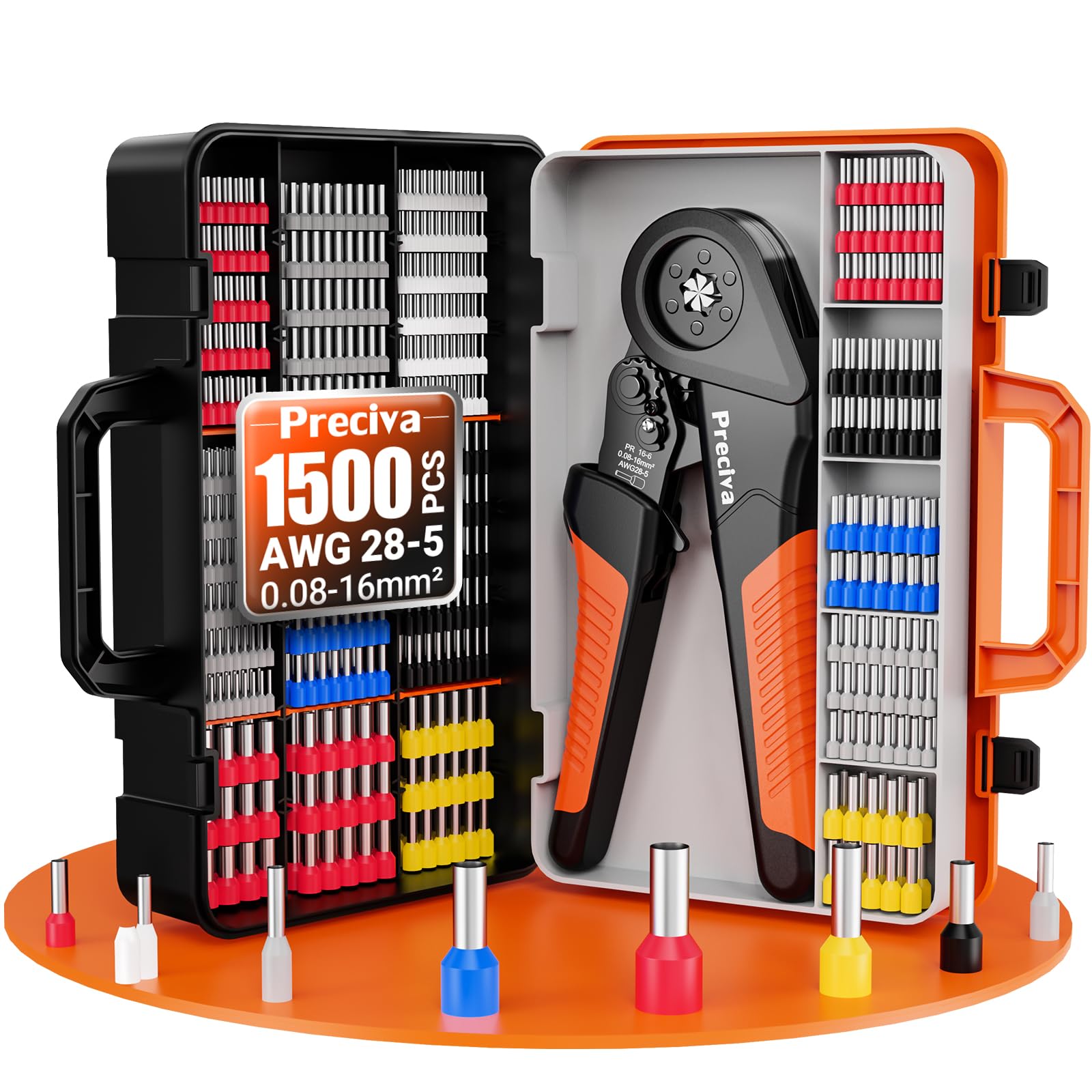 Jeu d'Outil à Sertir Pour Embouts Bootlace 0,08-16 mm² avec Boîte et 1500 Pièces de Connecteurs, Preciva 28-5 AWG, Pince à Sertir Ajustable à Cliquet pour Embouts de Câble, Pince à Connecteurs