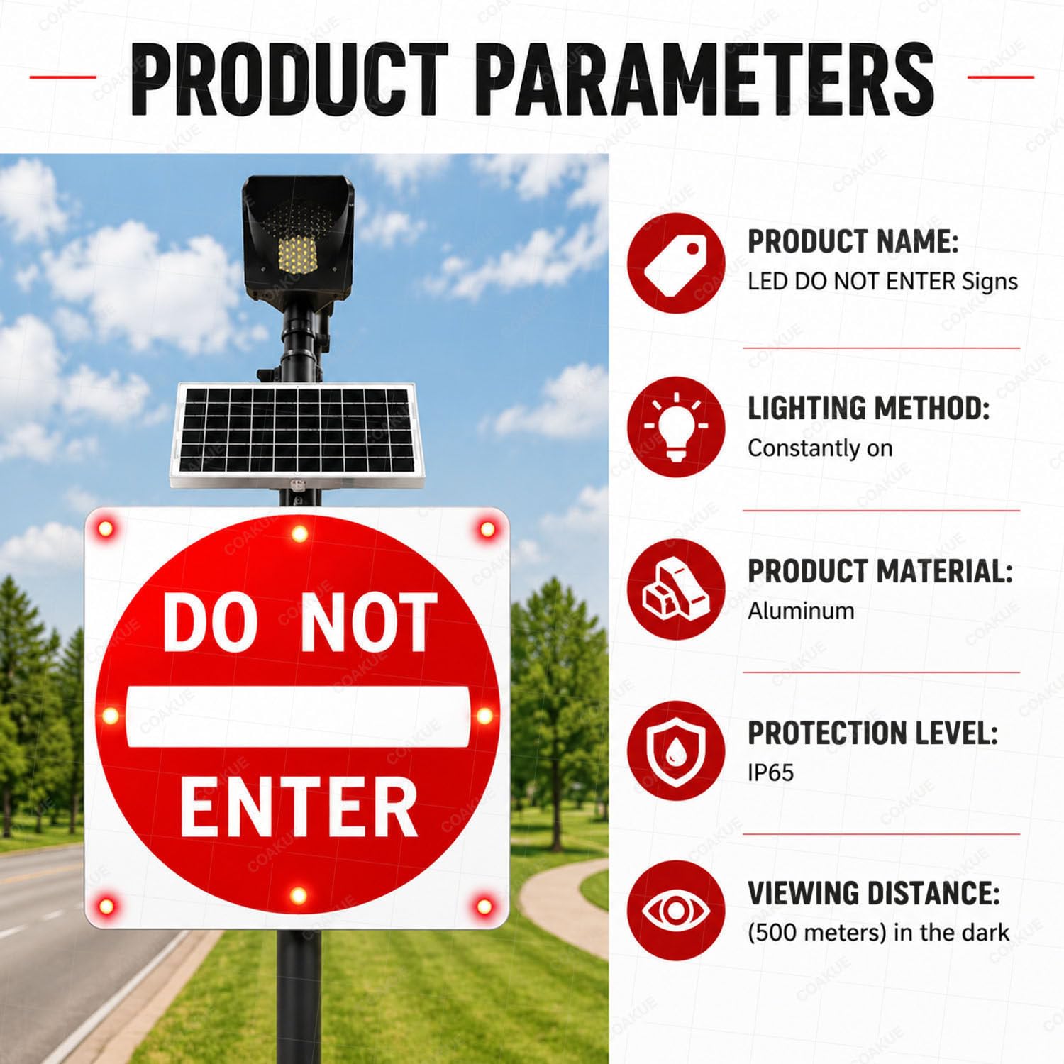 Señal LED Intermitente de «Prohibido EL Paso» alimentada por energía Solar 30in-1piece | Aluminio resistente a la oxidación, 8 LED brillantes y resistencia al agua IP65 para una visibilidad mejorada