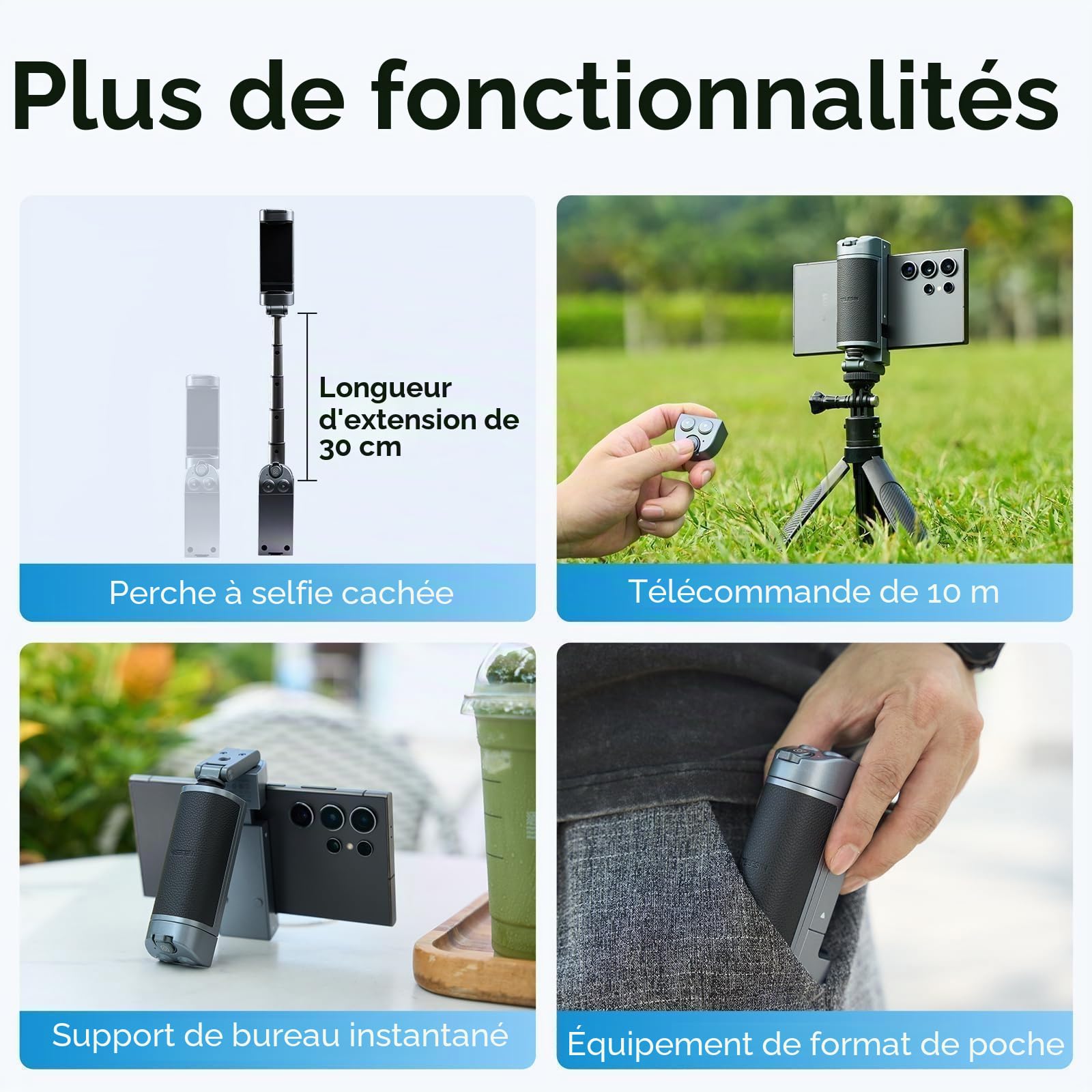 TELESIN° Smartphone Handle Grip, Poignée pour Smartphone avec Détachable Télécommande Bluetooth, Smartphone Handle Grip Perches Selfie, Poignée Smartphone Perches Selfie pour Android