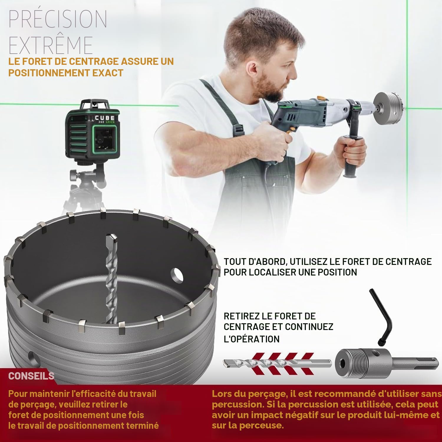 DAIMIT Kit de Trépan à Béton 20 Pièces avec 3 Mèches et Mandrin SDS Plus & Max, Ensemble de Trépans pour Perçage de Murs en Béton, Ciment, Briques et Pierre, Tailles du Kit 30 40 50 68 82 100 110 mm
