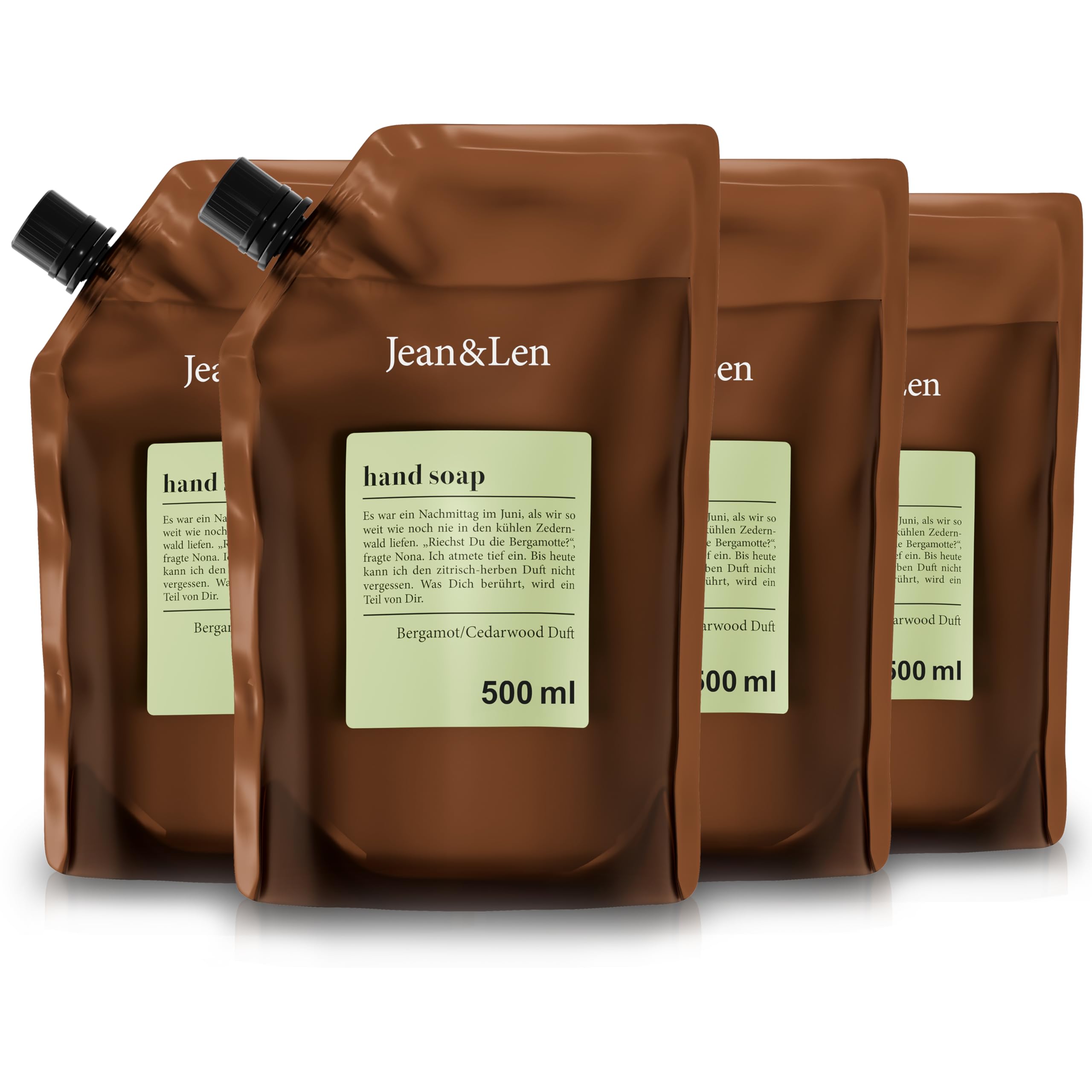 Jean & Len Savon mains bergamote & cèdre en flacon nu, nettoie les mains stressées, usage quotidien, parfum citronné frais, set vegan, 4 x 500 ml