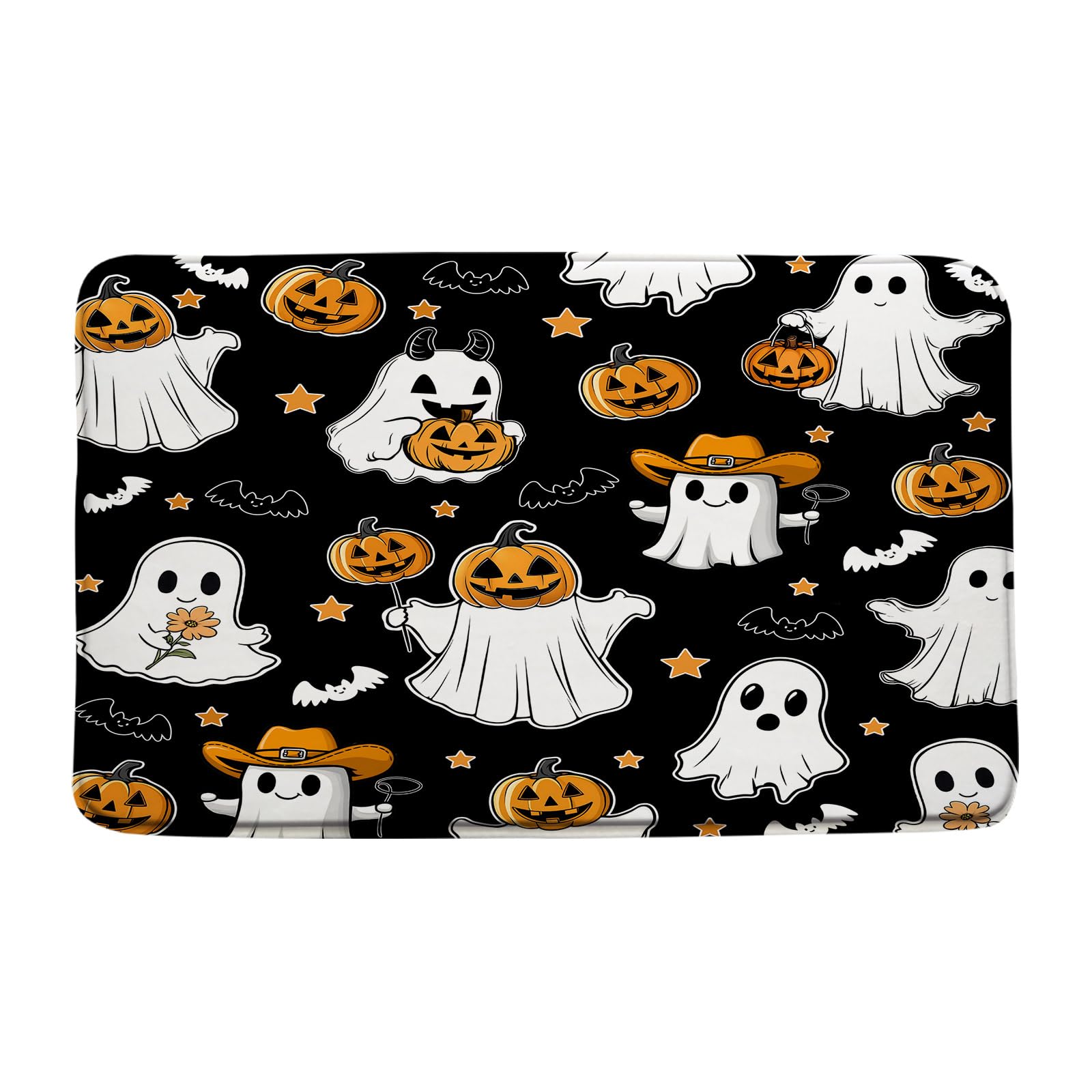 Halloween Ghost Bath Mat Cute Cartoon Ghost Spooky Pumpkin Gothic Bat Stars Funny Black Bathroom Floor Decor Rug