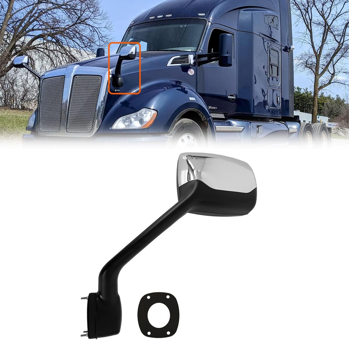 SEPEY Hood Mirror for KENWORTH T680, Driver Side Chrome Hood Mirror Assembly for KENWORTH T680, PETERBILT 579/587, Left