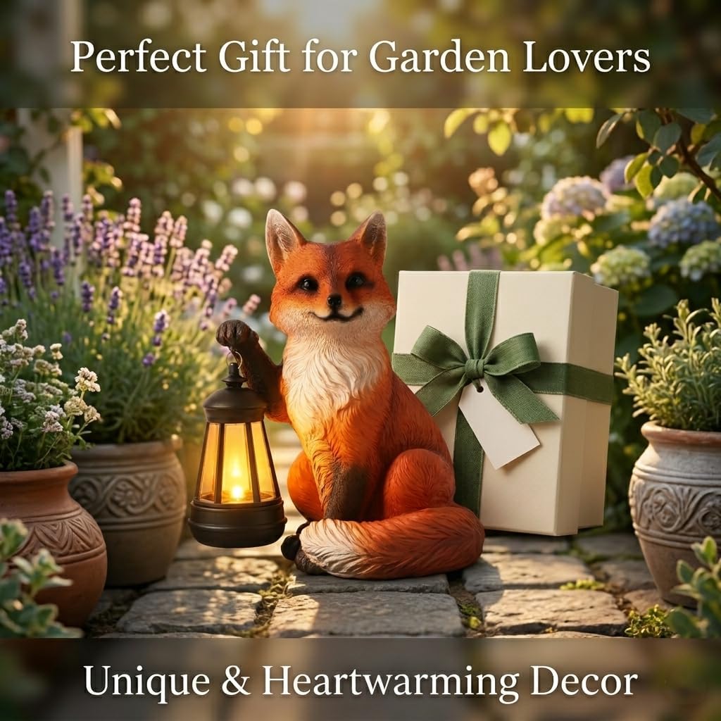 Solar Fox Garden Statue, 9 Inch Resin Animal Figurine with Lantern, Outdoor Solar Light Decor for Patio, Yard, Porch, Walkway, Lifelike Woodland Fox Sculpture for Garden Art (Red)