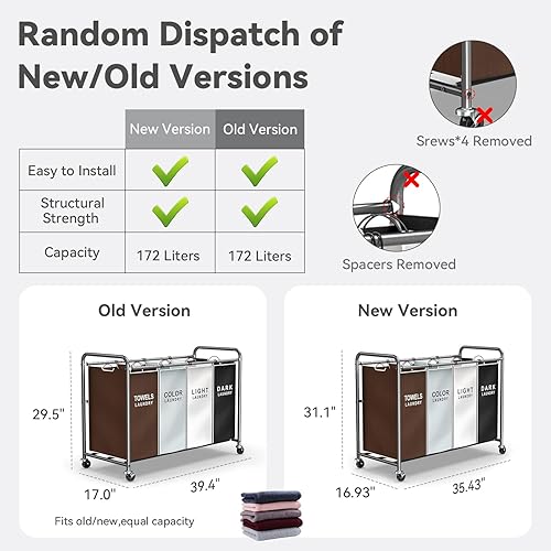 Miniatura 6 de ROMOON Clasificador de ropa sucia, cesta de lavandería de 4 secciones con ruedas, cesta de lavandería rodante con gran capacidad y bolsas extraíbles