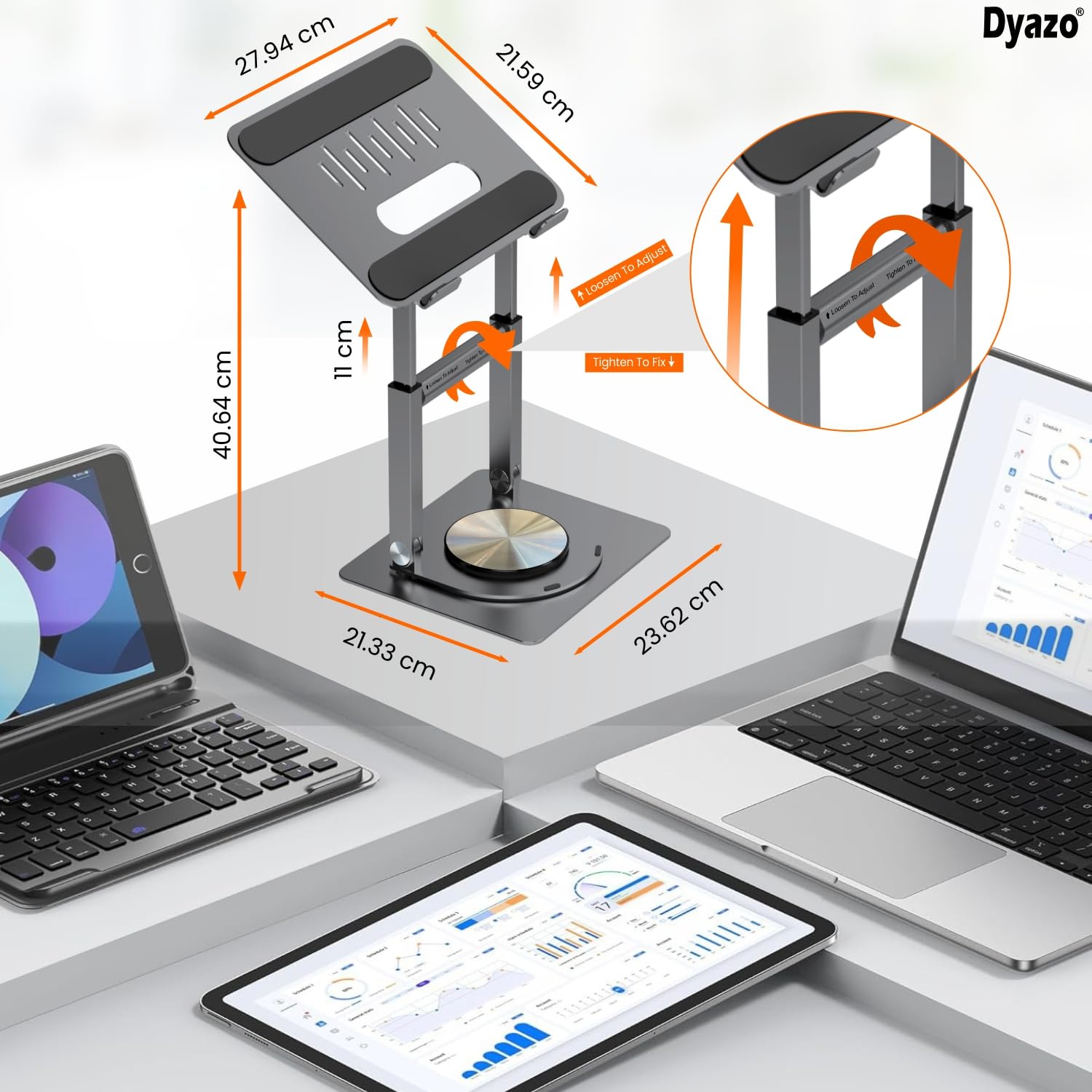 Dyazo 360° Rotating Laptop Stand | Height Adjustable & Foldable Riser with Swivel Base | Heat Vent & Anti-Slip Design | Laptop Holder for Desk & Standing Use | Fits Upto 15.6 Inch Laptops (Space Grey)