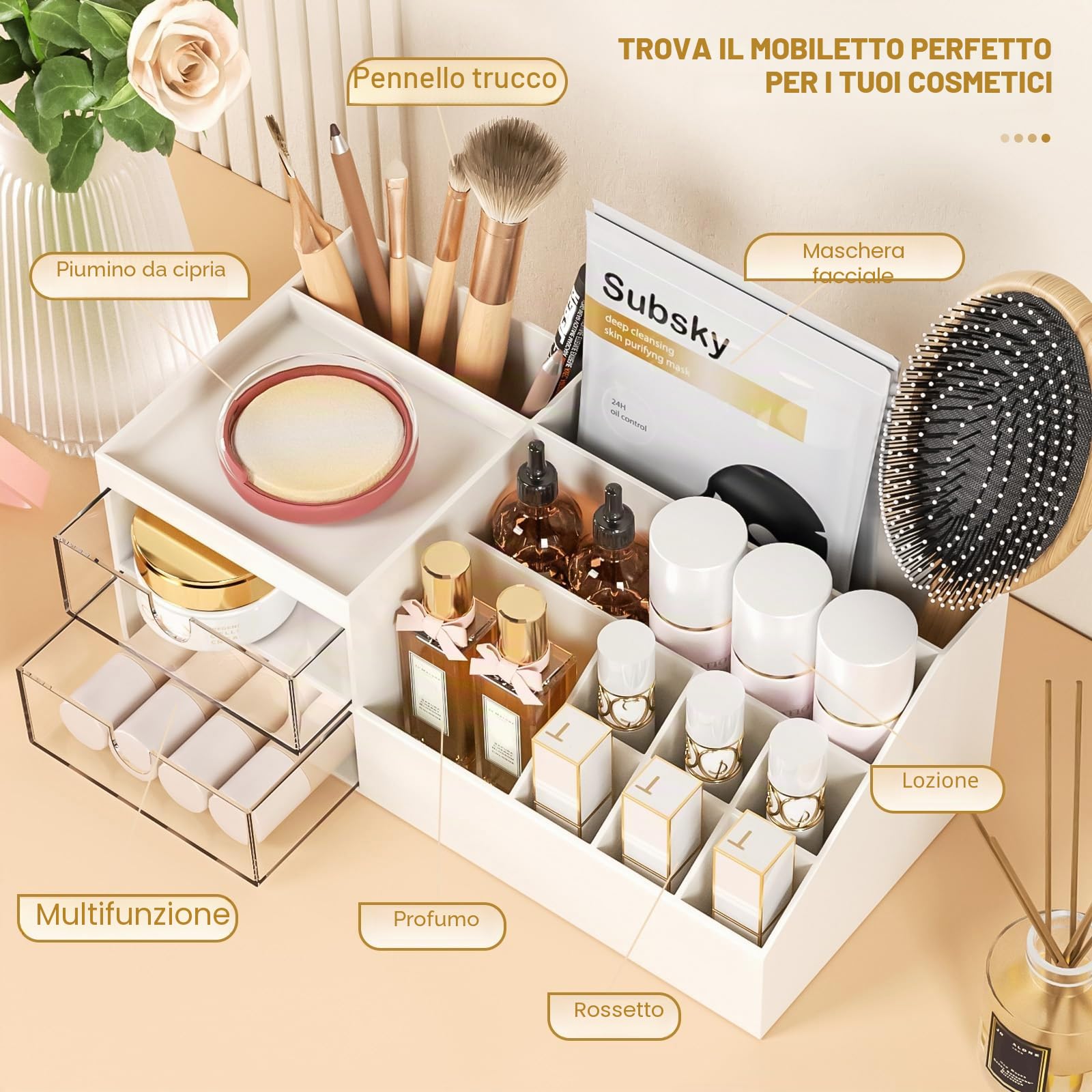 Subsky Porta Trucchi con Cassetti, Organizer per Trucco Multifunzione, Organizzatore Cosmetici da Tavolo, Scatola per Trucco con Grande Capacità per Crema, Profumo e Pennelli (Bianco)