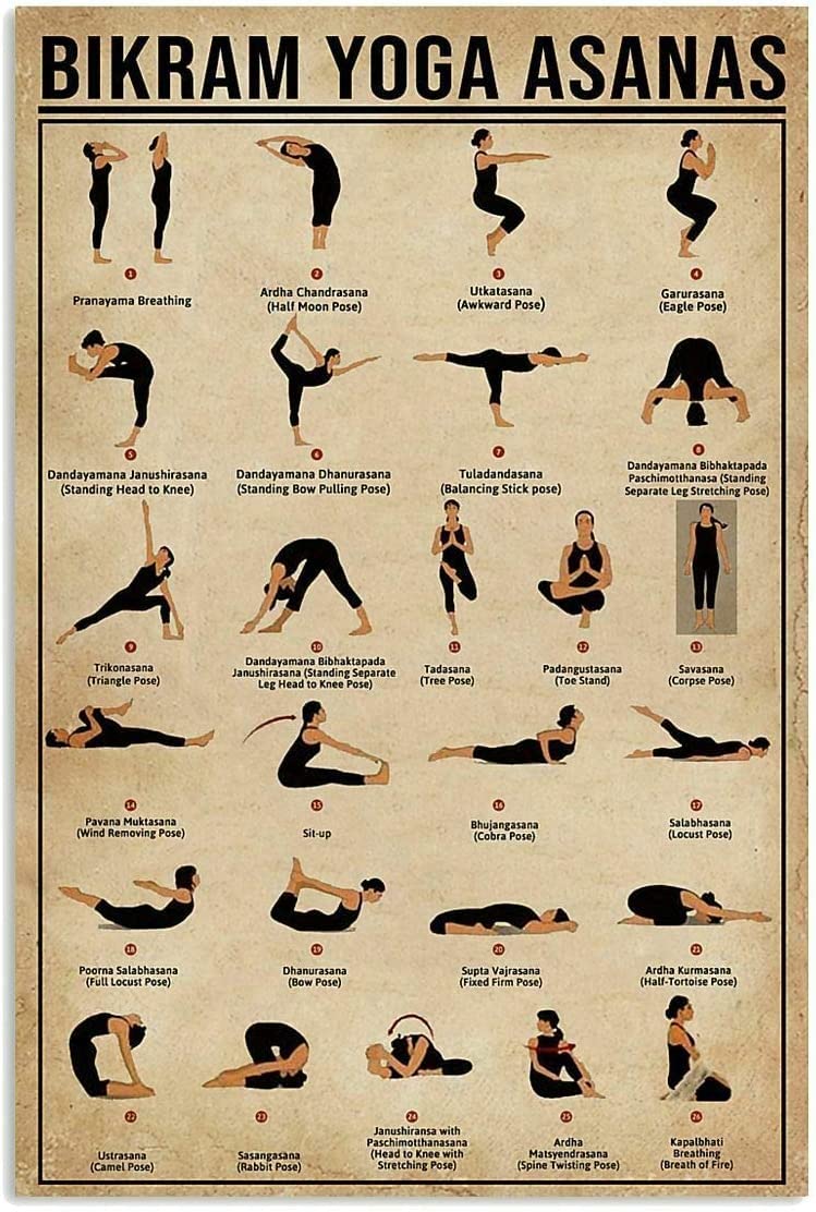 rayprint Metal Sign Bikram Yoga Asanas Retro Tin Sign Club Bar Cafe Infographic Tin Poster Home Room Wall Decor 8x12inch