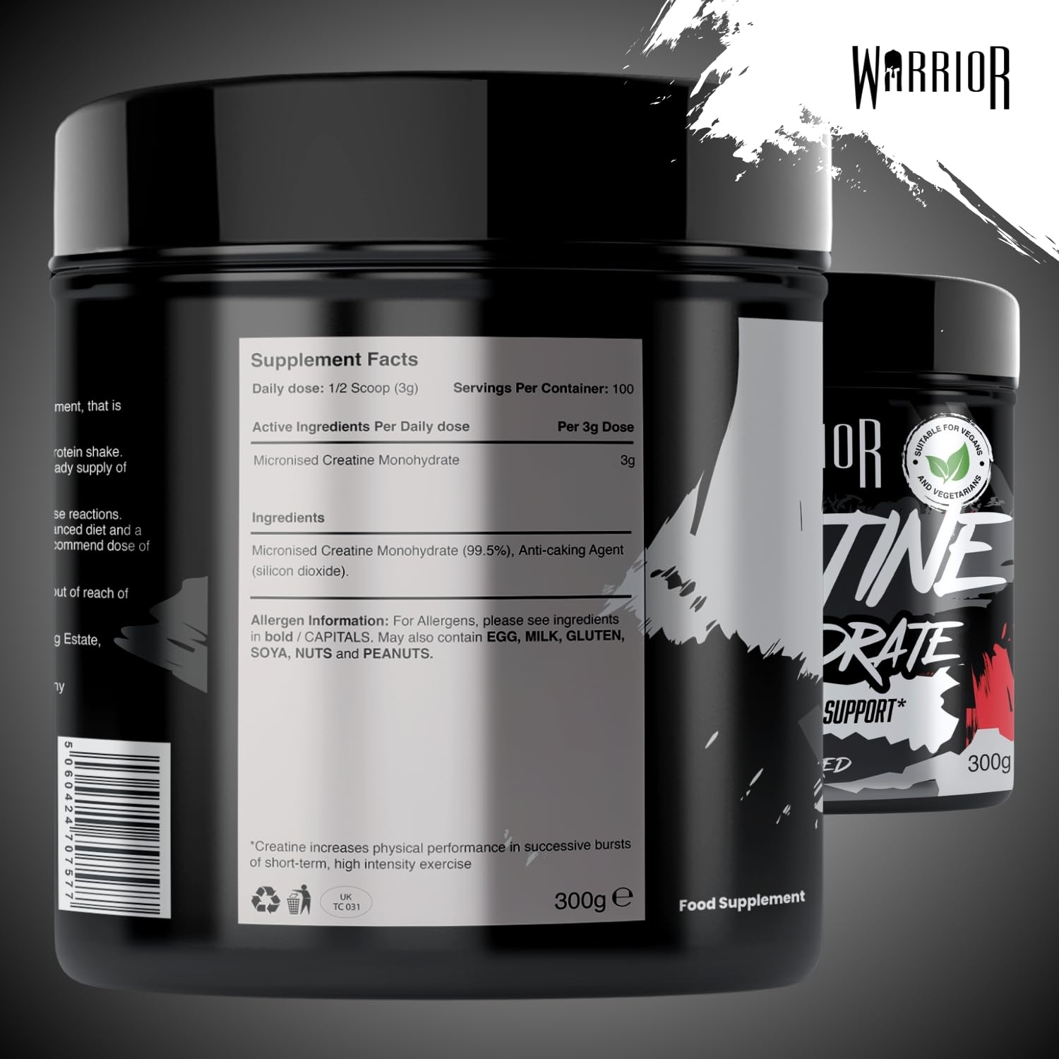Warrior Creatina Monoidrata in Polvere 300 g (100 Porzioni) – Creatina Pura Creapure, Creatina Monoidrata Micronizzata per Massa Muscolare e Forza, Creatine Monohydrate Vegan – Senza Aroma (Neutro)
