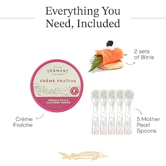 BESTER CAVIAR Expert Sampler Set (5 x 1.06 oz) Caspian, Royal & Classic Osetra, Siberian, and Beluga Hybrid Samplers Caviar Serving Set with 2 Blinis, Creme Fraiche & 5 Spoons