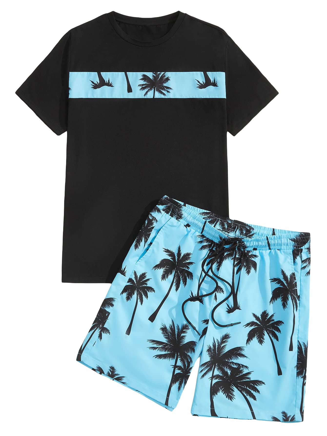 SOLY HUXMen's 2 Piece Outfits Letter Graphic Print Short Sleeve Tee and Drawstring Waist Shorts Set