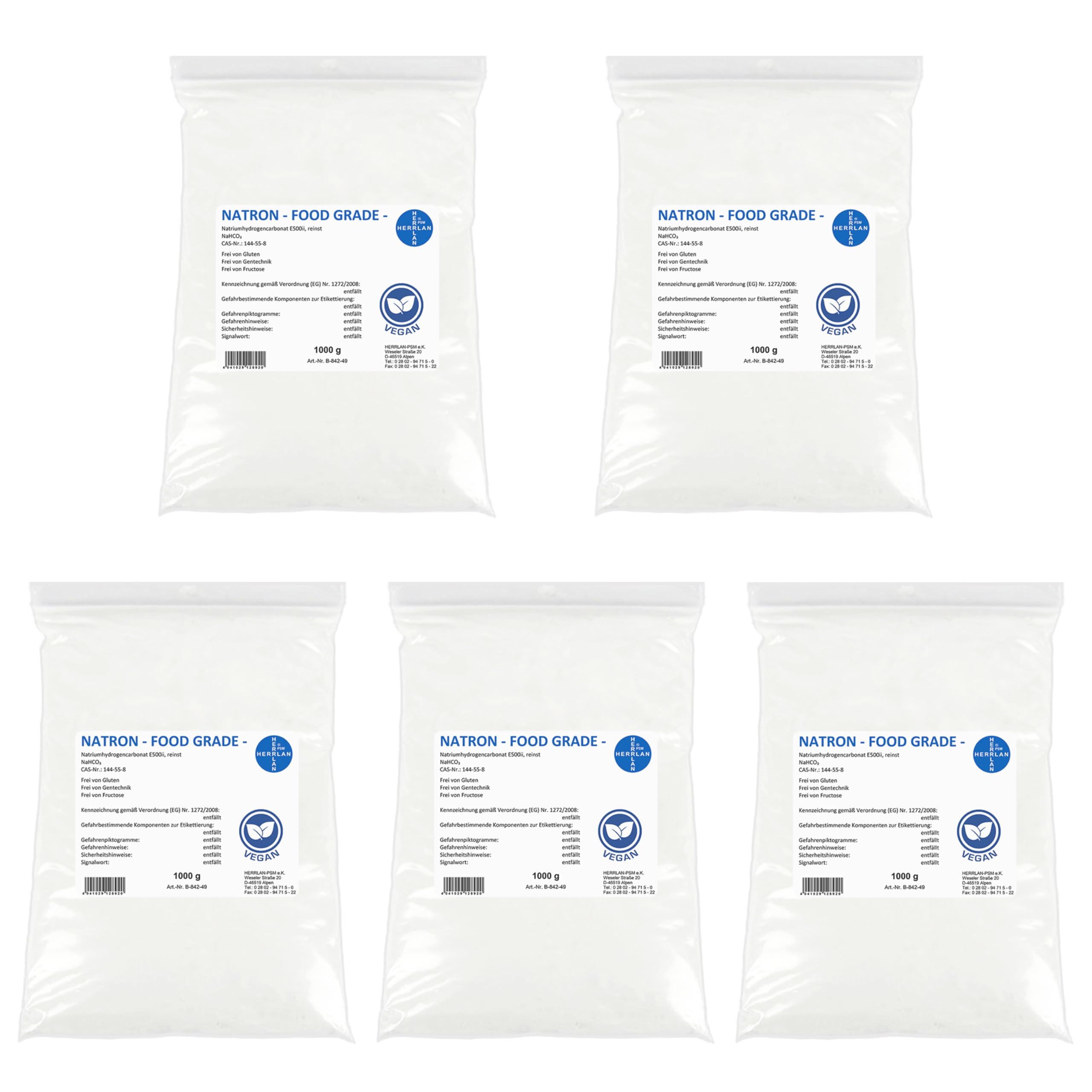 HERRLAN® Natron Pulver 5 kg – Backnatron, Speisesoda & Baking Soda | E500ii Baking Soda in hochreiner Lebensmittelqualität, vielseitig verwendbar als Backnatron, Speisesoda und Haushaltshilfe.