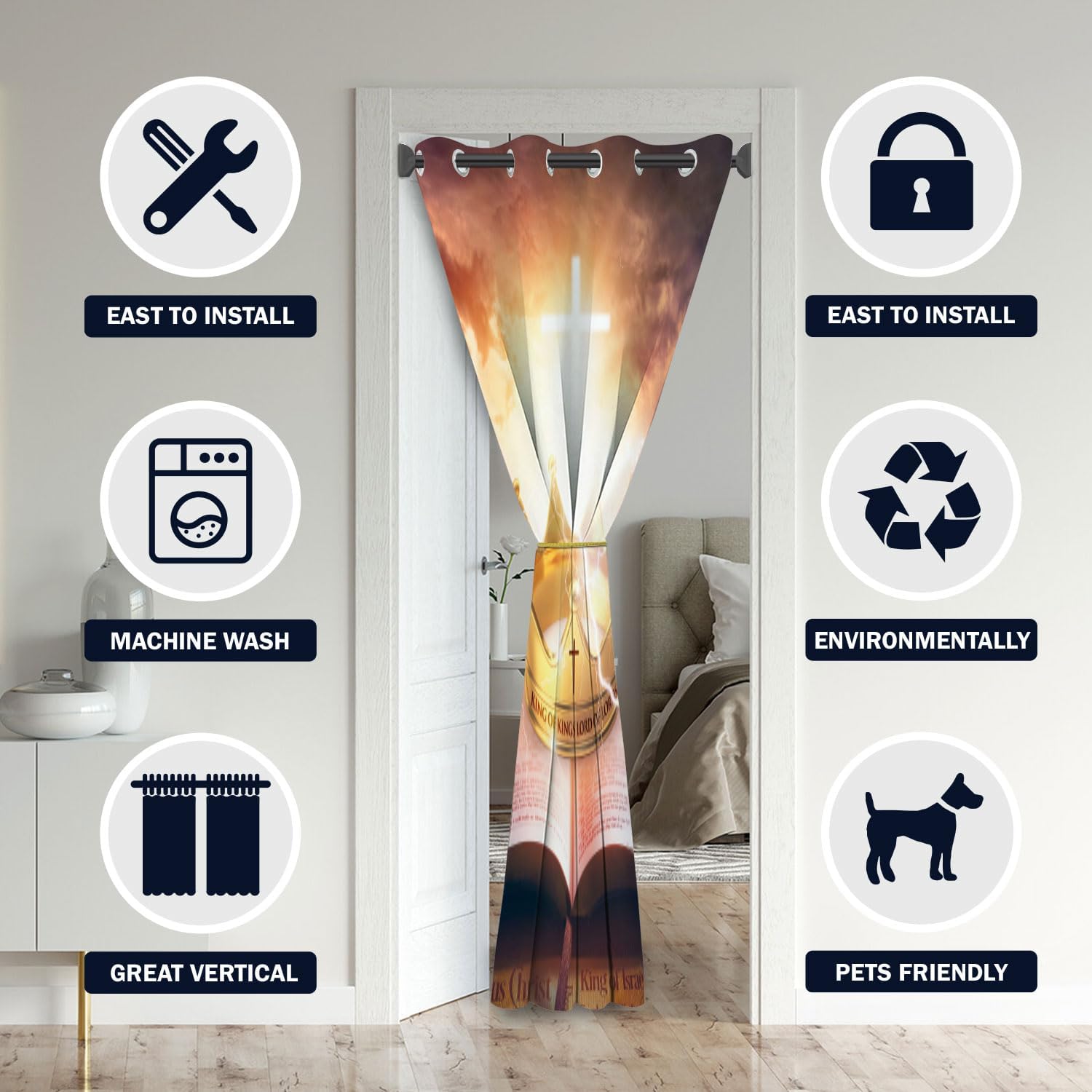 Holy Bible Door Curtains for Doorways, Christ Christian Cross Easter Jesus God's Love Blackout Curtain for Bedroom Closet, Grommet Thermal Insulated Privacy Door Drapes for Room Divider, 52"W x 80"L