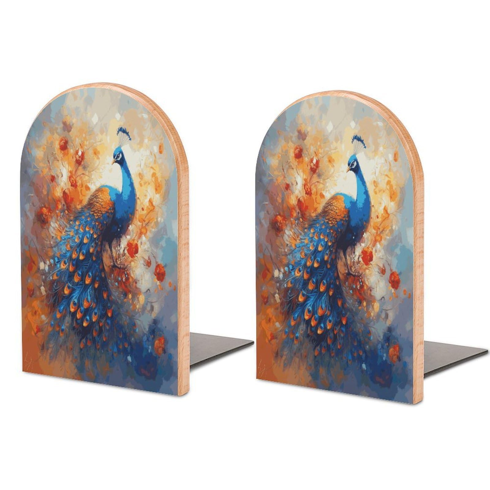 Peacock2 Bookend for Shelves Non-Skid Book Holder Modern Heavy Duty Bookend Stopper Metal Base Wood Book End Books Shelf Holder Home Decorative 1pair 5x3.9x3.1