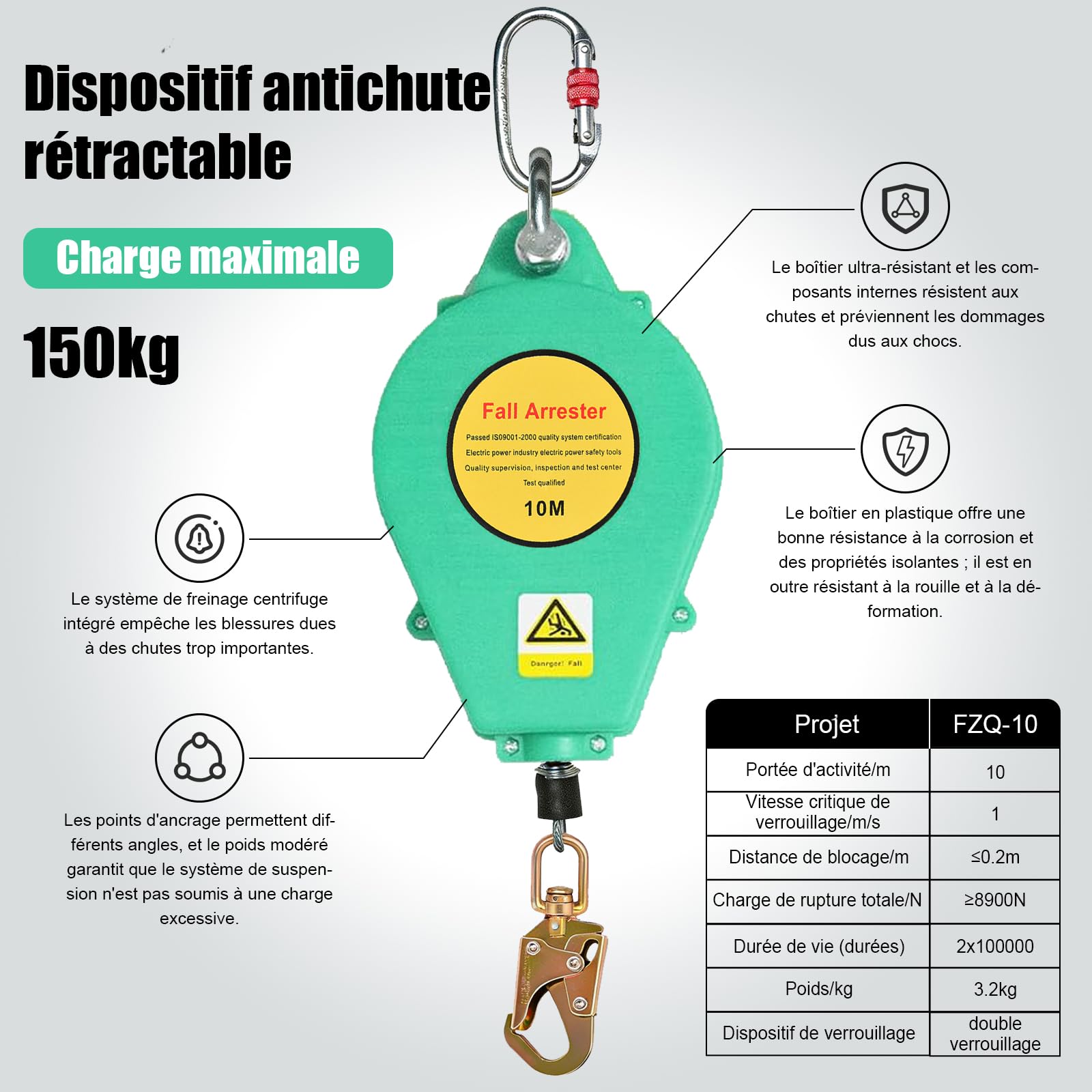 Dispositif Antichute a Rappel Automatique, Harnais de Securite Anti Chute Toiture avec Mousqueton, Stop Chute Toiture à Rappel Automatique Adapté aux Travaux en Hauteur et à l'Escalade