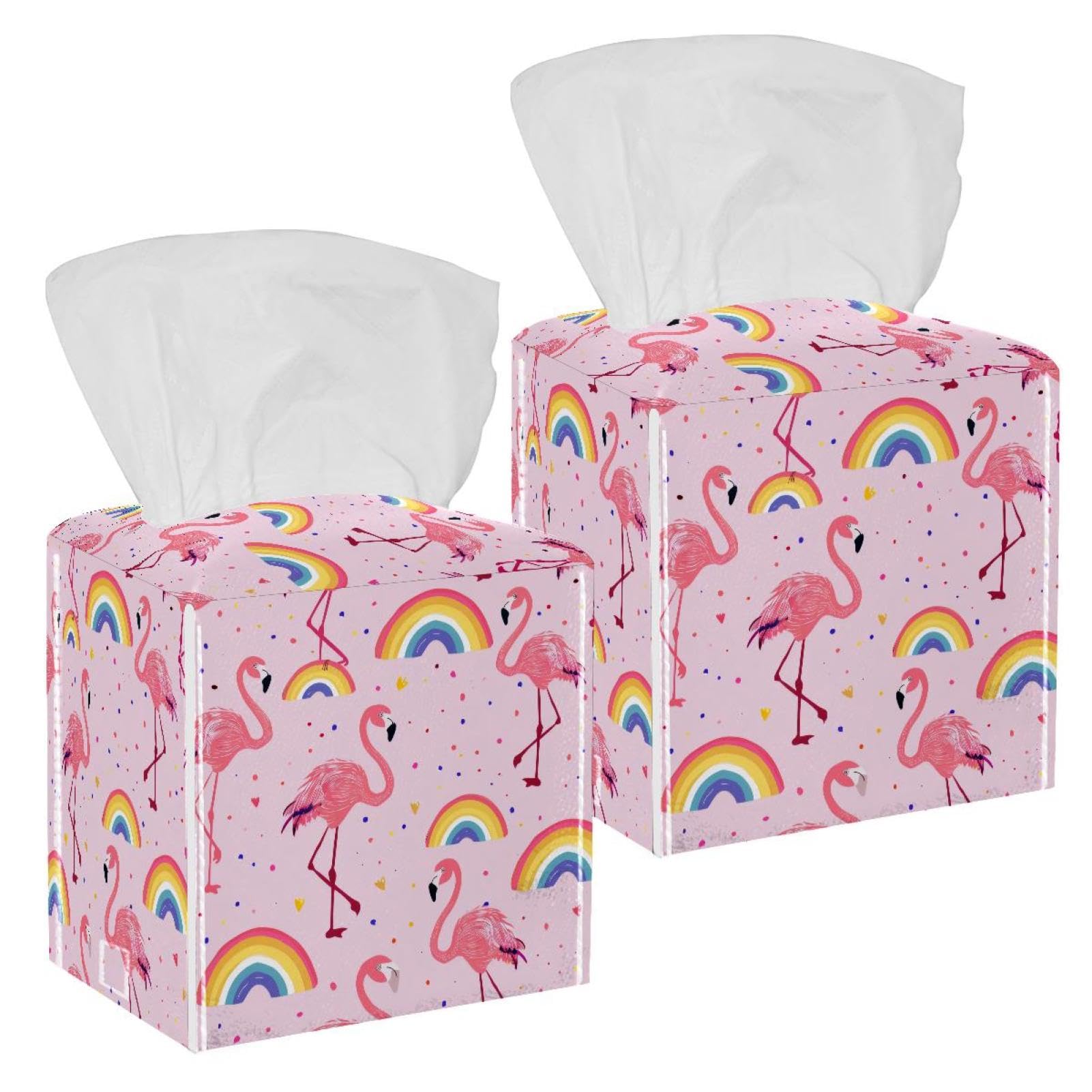 Flamingo Rainbow Tissue Box Cover, 2 Pack PU Leather Square Facial Tissue Dispenser Box holder for Home Office Car