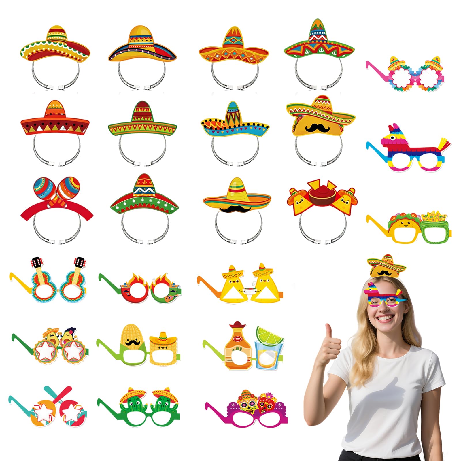 Copbopwn 12 Pcs Sombrero Party Hats and 12 Pcs Party Glasses Mask，Sombrero Headband Mexican headband Paper Fancy Party Eyeglasses Novelty Mexican Fiesta Glasses Photo Props Supplies