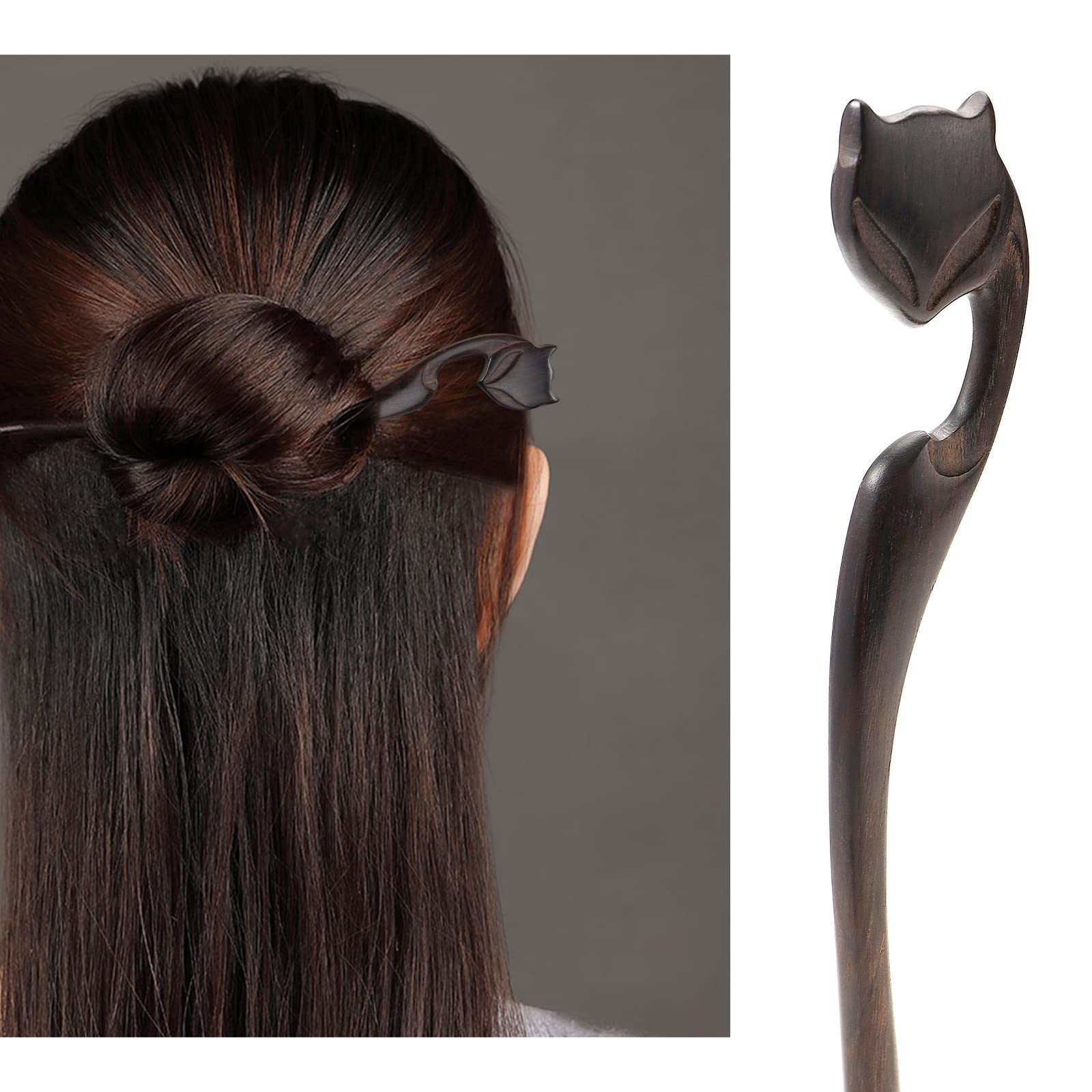 Épingle à Cheveux Sculptée Renard BOCHION – Bois D'ébène Naturel, 18 Cm, Antique, Chignon Cosplay