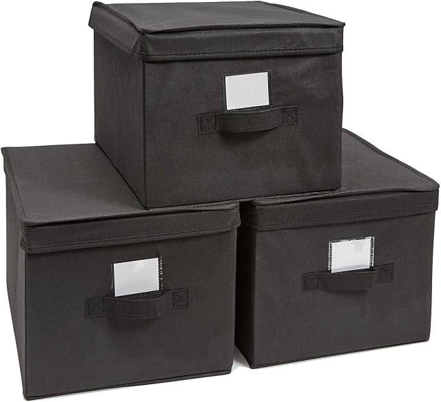 Set of 3 Fabric Storage Boxes with Lids Foldable Storage Cube Organiser Bins with Handle & Label Holders 40 x 30 x 25cm (Black)