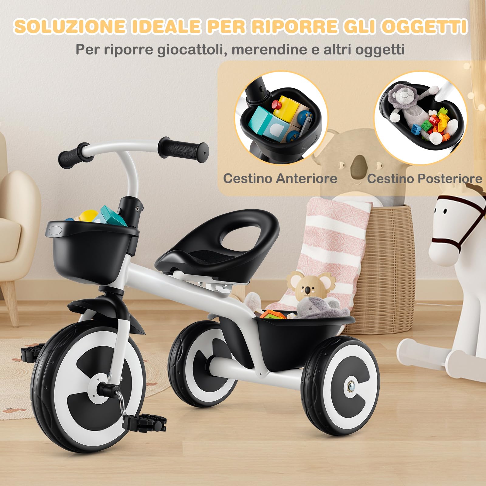 RELAX4LIFE Triciclo per Bambini da 1,5 a 5 Anni con, Sedile Regolabile, Ruote in EVA Silenziose e Resistenti, Cestino Portaoggetti, per Interno ed Esterno