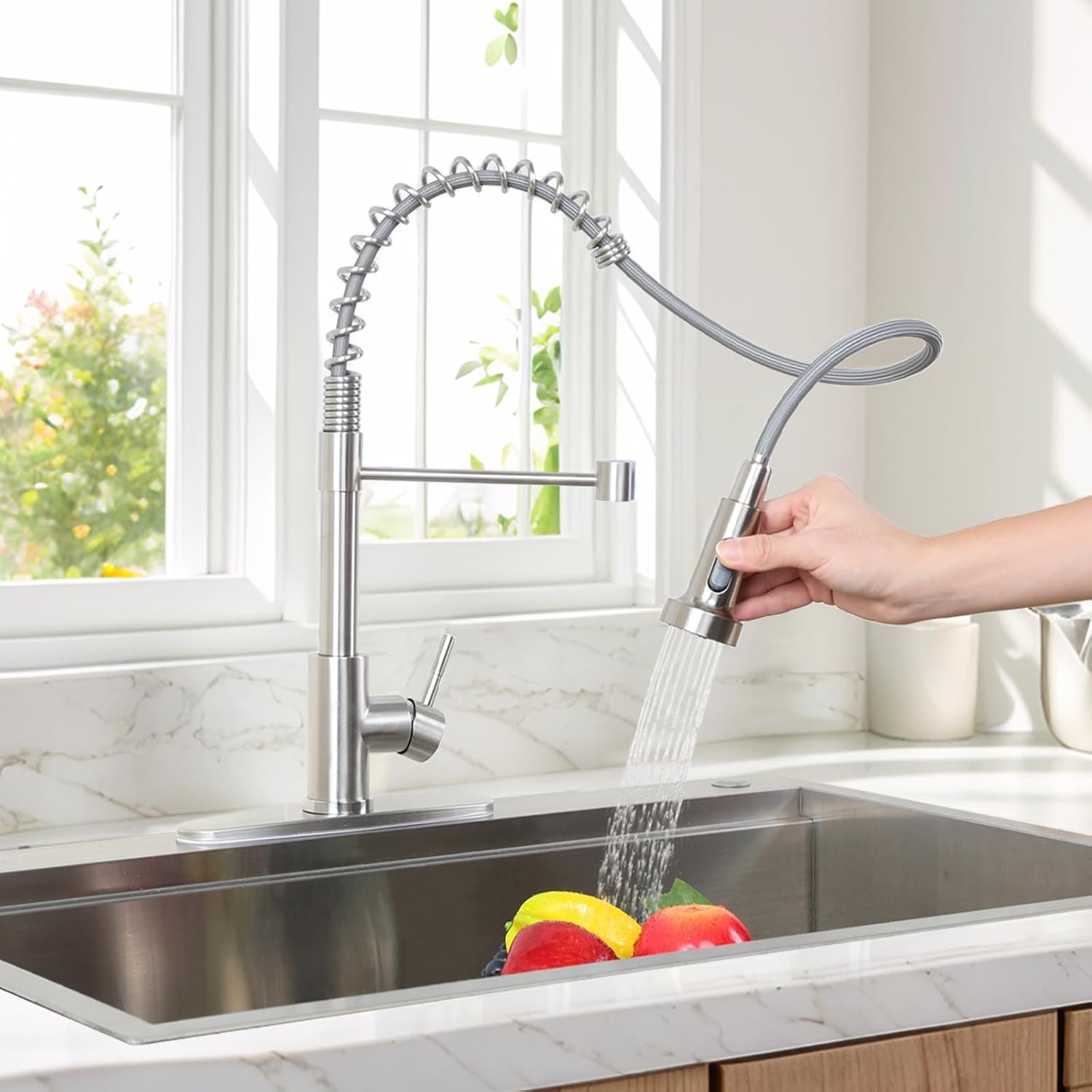 VCCUCINE Kitchen Faucet with Pull Down Sprayer Brushed Nickel Stainless Steel 1 Handle Pull Out Spring Sink Faucets 1 Hole Or 3 Hole Dual Function for Outdoor Utility Camper Laundry Rv Wet Bar