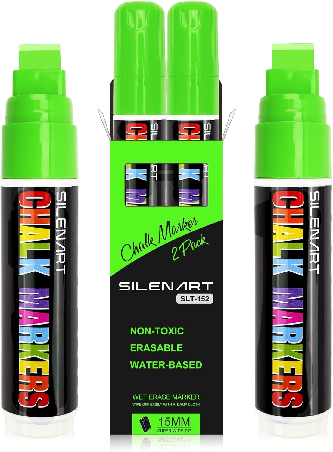 SILENART Green Chalk Markers 2 Pack 15mm Jumbo Tip