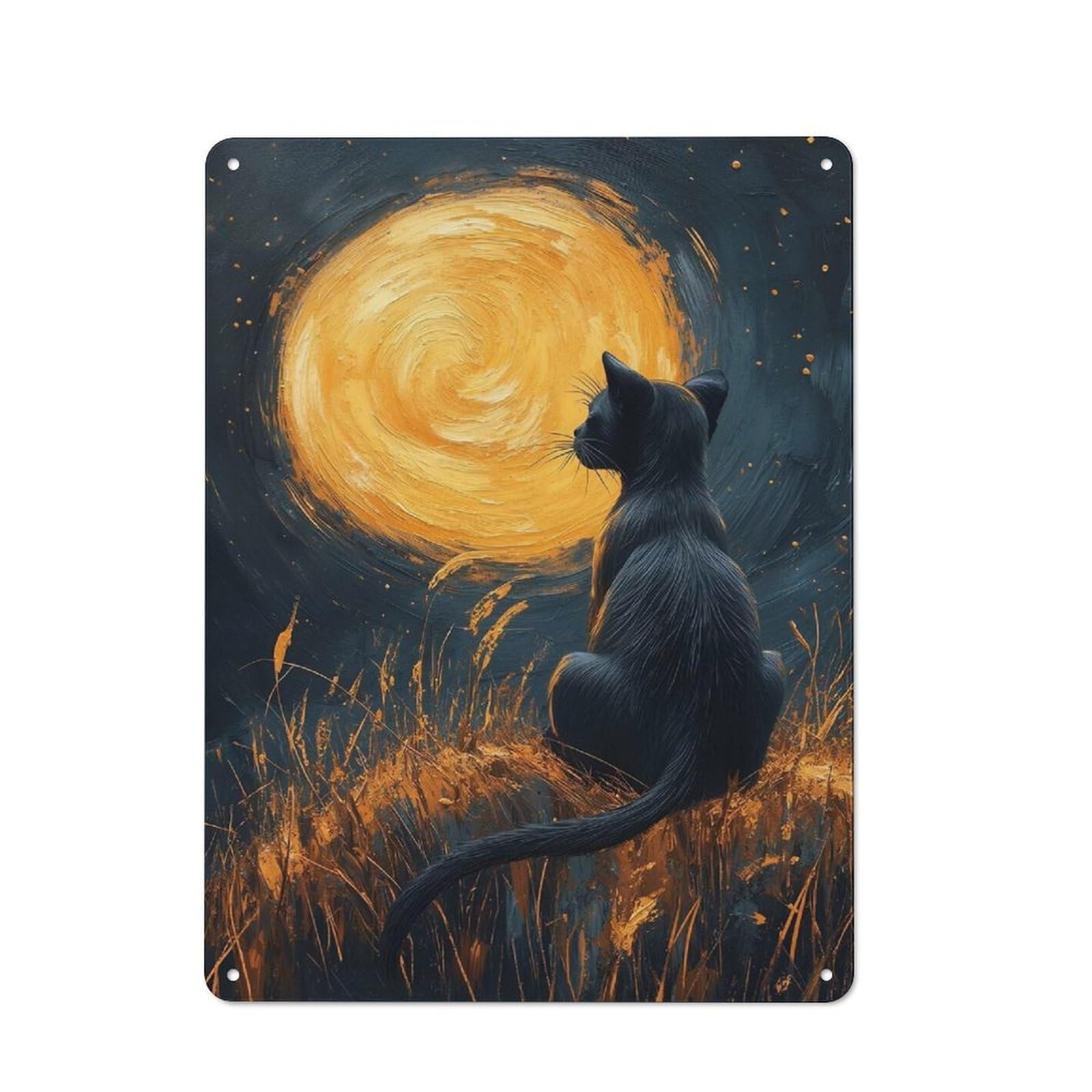 Junmoney Style-12 Black Cat Gazing At The Moon Tin Wall Sign 40X30cm, Country Style Bistro Wall Plaque For Coffee Bar, Kitchen, Bistro Or Tea Corner