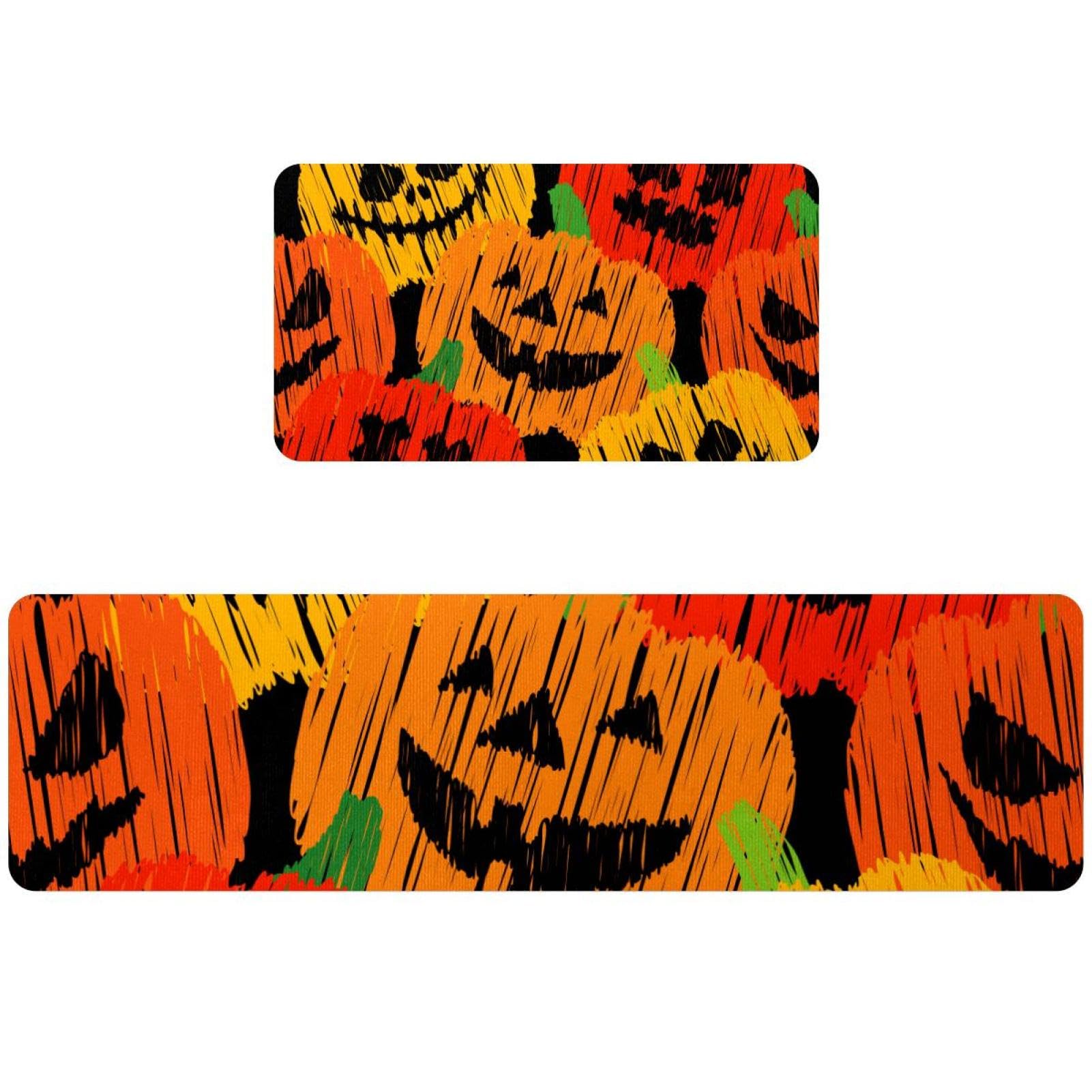 Lot de 2 tapis de cuisine motif citrouille Happy Halloween lavables