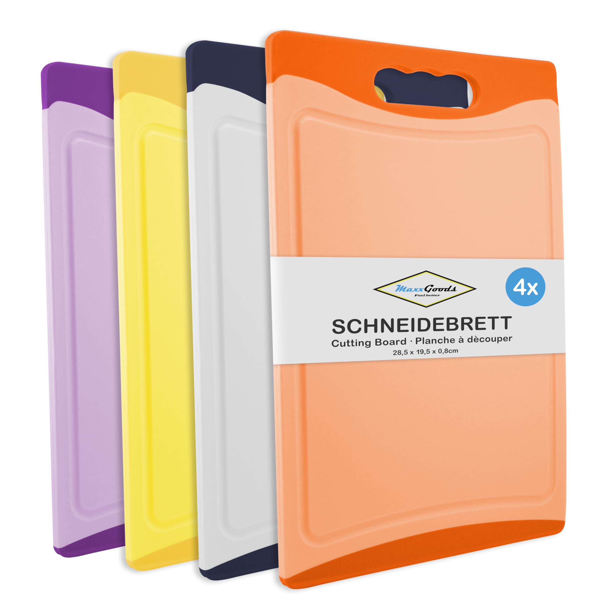 Schneidebrett SET 4-teilig bunt, mit Saftrille & Griff - Antibakteriell - Hackbrett, Kunststoffbrett beidseitig verwendbar & Spülmaschinenfest - (28,5x19,5x0,8 cm)