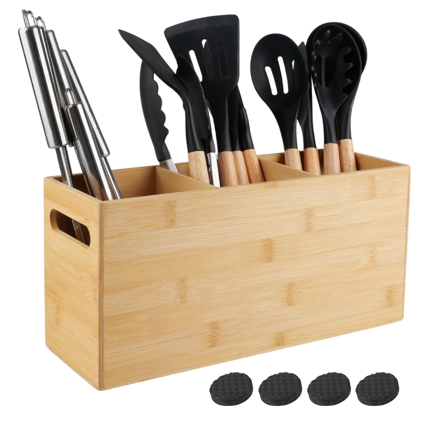 Upgrade Bambus Küchenutensilienhalter Groß mit 3 Fächern, Holz Hell Utensilien Organizer mit 2 Seitliche Griffe und Antirutschmatten für Küchenarbeitsplatte, BBQ, Küchendekoration
