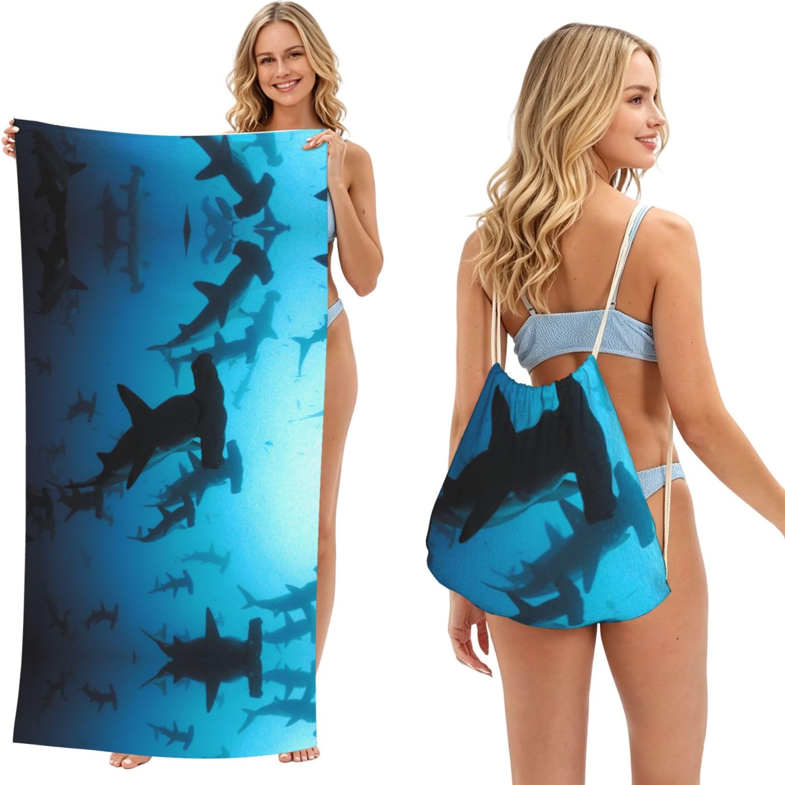 WSHFFILO Hammerhead Sharks printed 2 in 1 Packable Towel Bag Bath Towel Beach Towel