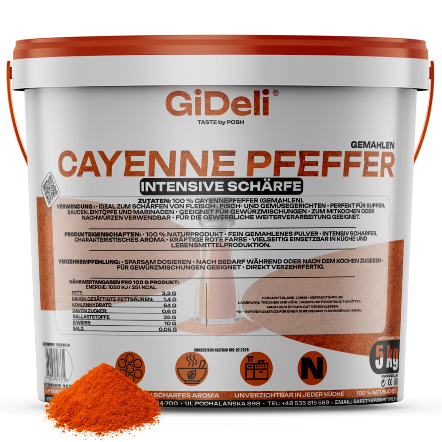 GiDeli Cayenne Pfeffer 5kg im Eimer - Fein Gemahlenes Chilipulver für Fleisch, Fisch, Suppen und Soßen - Mexikanische und asiatische Küche - Scharf Intensiver Geschmack - 100% Naturprodukt