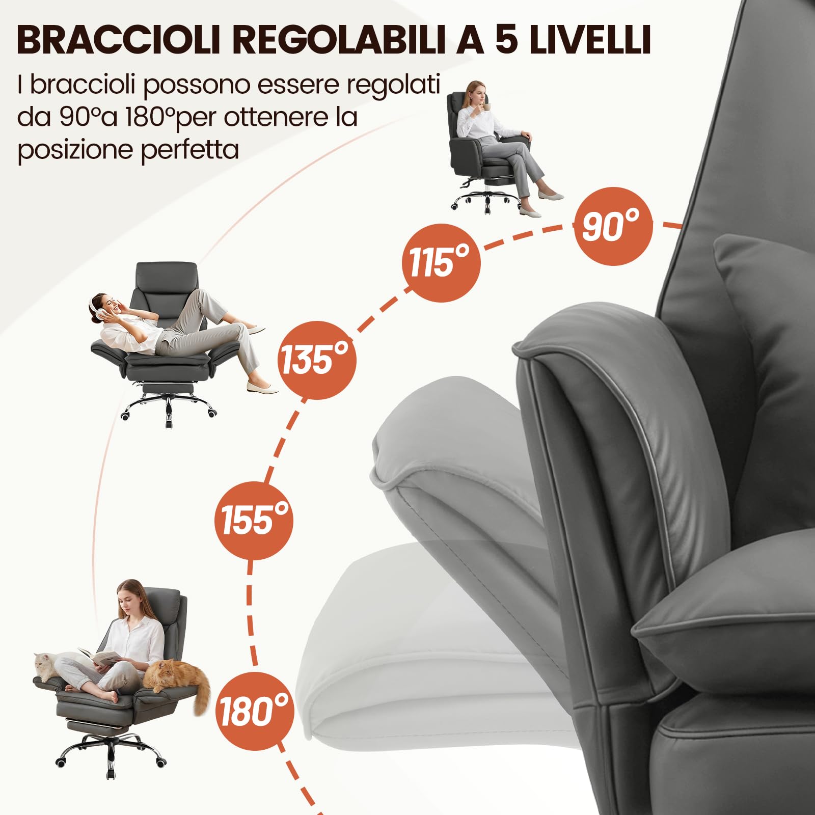 Sedia da Ufficio con Braccioli Regolabili a 5 Livelli, Poltrona Ufficio Ergonomica con Poggiapiedi, Sedia da Gioco in Pelle PU con Altezza Regolabile e Schienale Reclinabile 200kg, Grigio