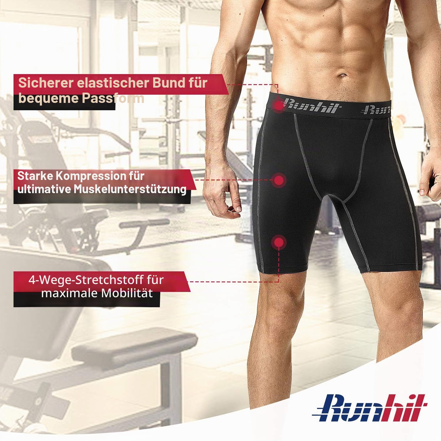 Runhit 3er Pack Herren Kompressionsshorts - Base Layer Sport Unterhosen Funktionsunterwäsche Tight Kompressionshose Kurz Laufunterwäsche Radlerhose