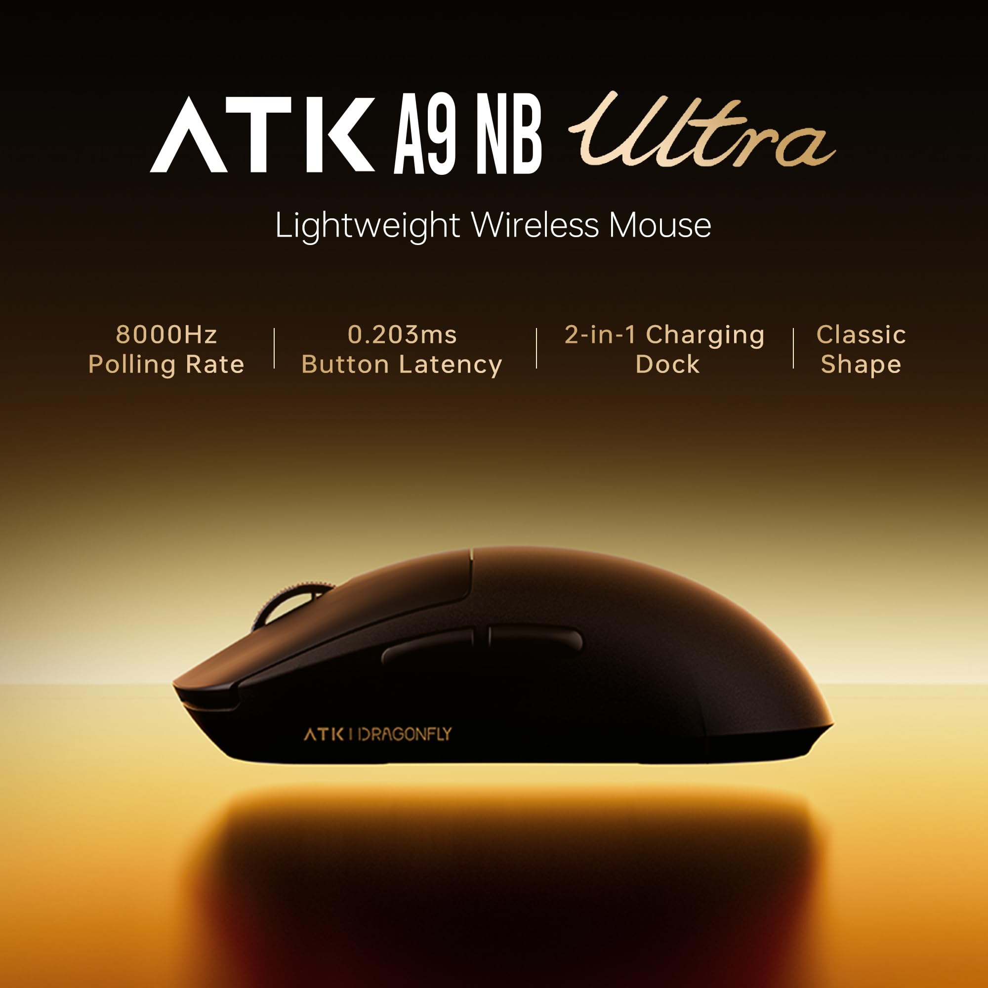 ATK Dragonfly A9 NB Ultra Wireless Gaming Mouse, PAW3395 Ultra Sensor, DPI fino a 42.000, 56g Leggero, 8K Polling, 200 ore di durata della batteria, 5 pulsanti programmabili, Dual-Mode 2.4G/Wired